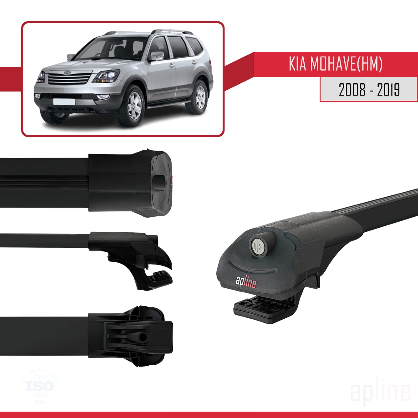 Compatible with Kia Mohave (HM) 2008-2019 ACE-1 Car Roof Rack Cross Bar Black Aluminium 3 Bars