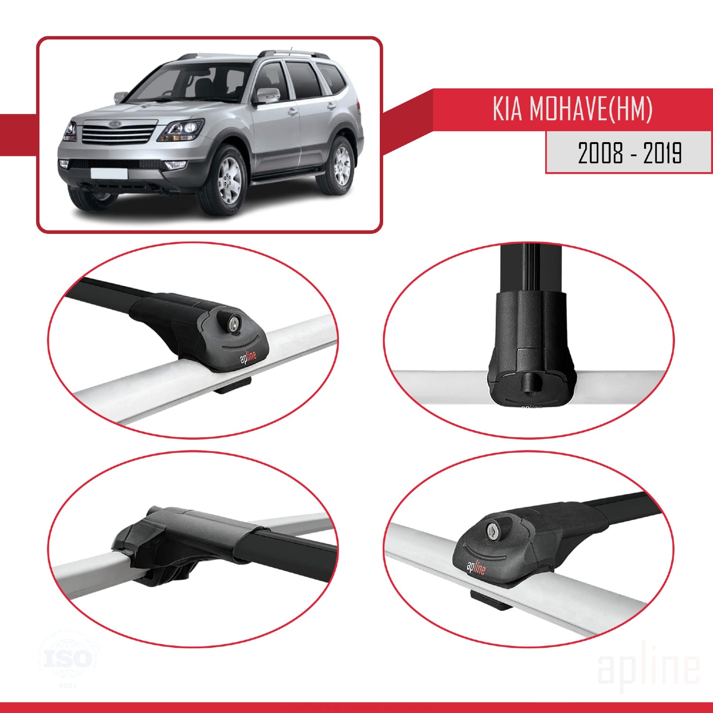 Compatible with Kia Mohave (HM) 2008-2019 ACE-1 Car Roof Rack Cross Bar Black Aluminium 2 Bars
