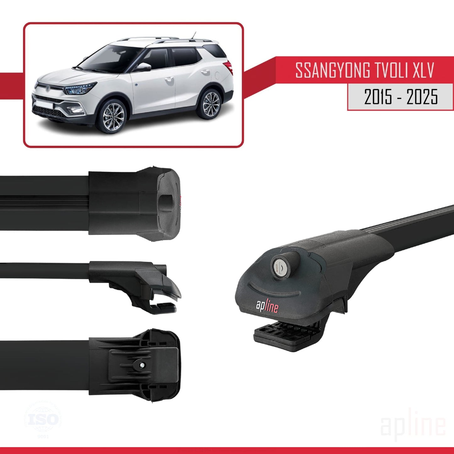 Compatible with Ssangyong Tivoli XLV 2015-2025 ACE-1 Car Roof Rack Cross Bar Black Aluminium 3 Bars