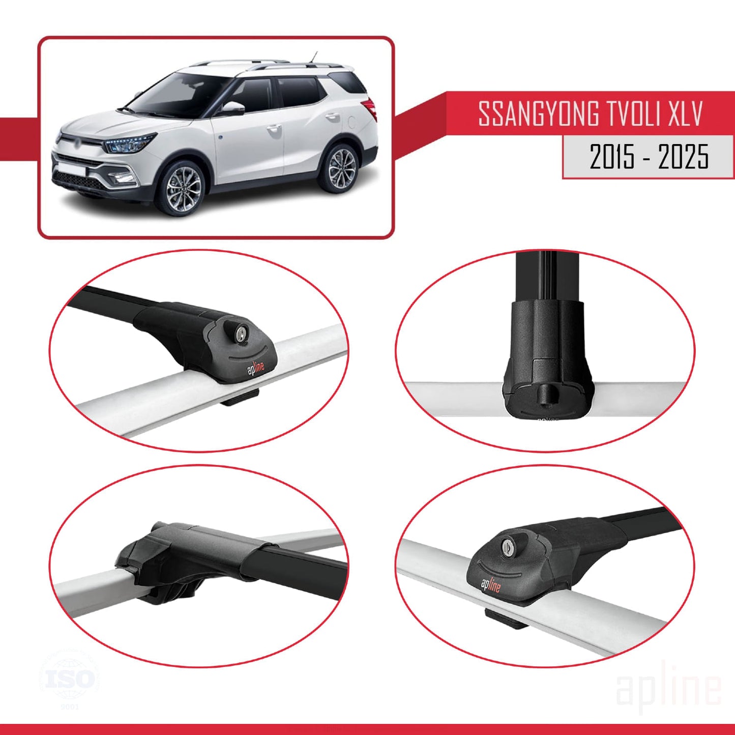 Compatible with Ssangyong Tivoli XLV 2015-2025 ACE-1 Car Roof Rack Cross Bar Black Aluminium 2 Bars