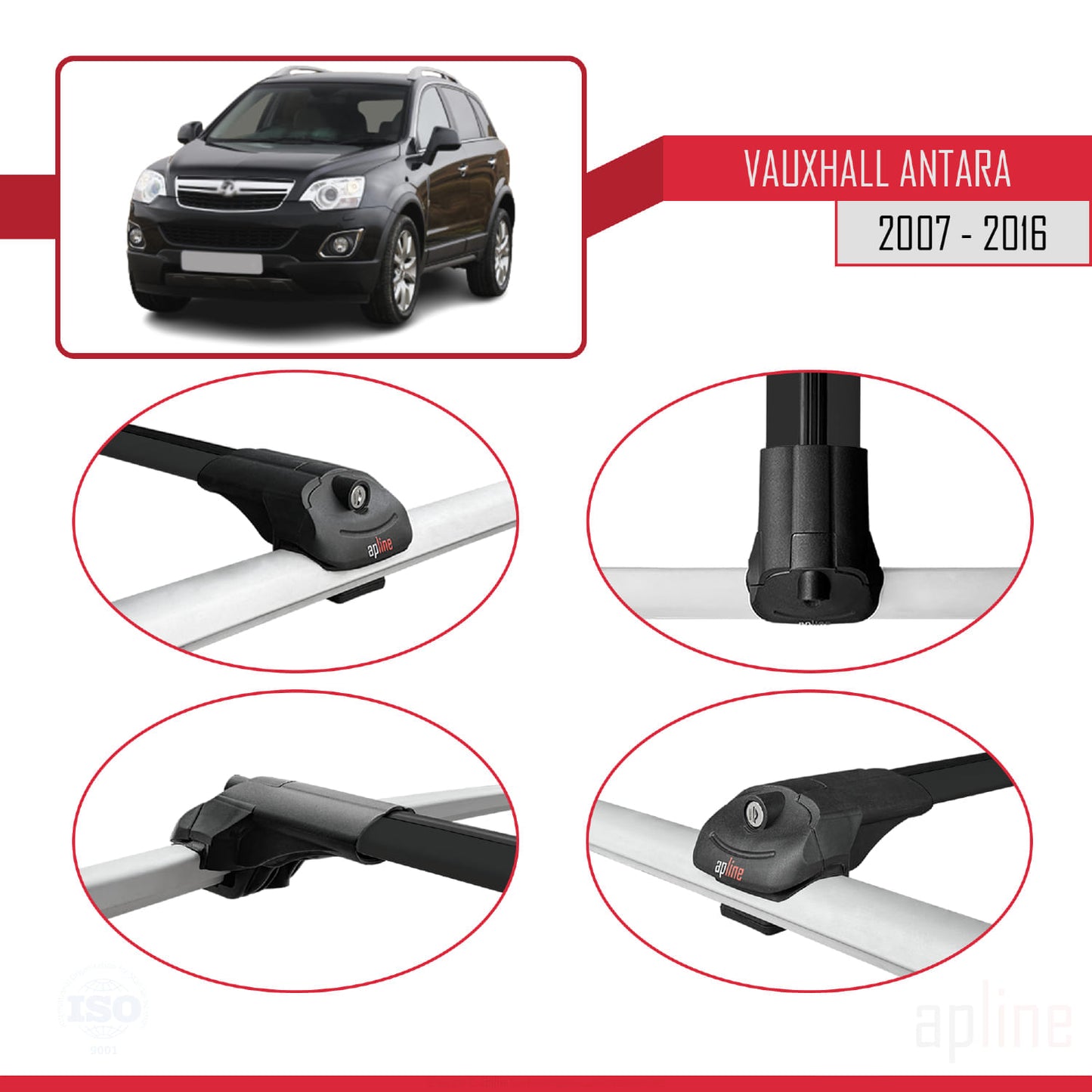 Compatible with Vauxhall Antara 2007-2016 ACE-1 Car Roof Rack Cross Bar Black Aluminium 3 Bars