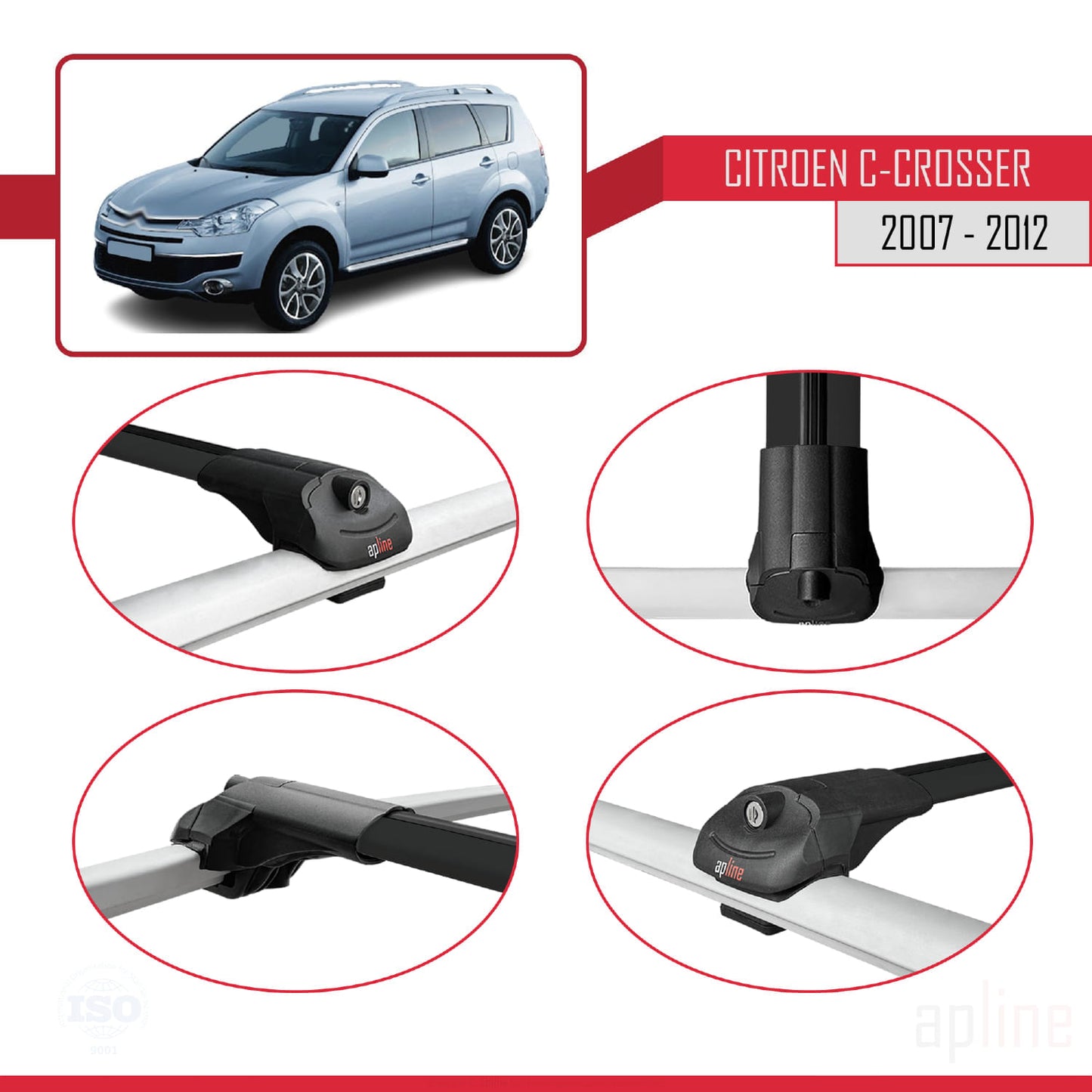 Compatible with Citroen C-Crosser 2007-2012 ACE-1 Car Roof Rack Cross Bar Black Aluminium 3 Bars