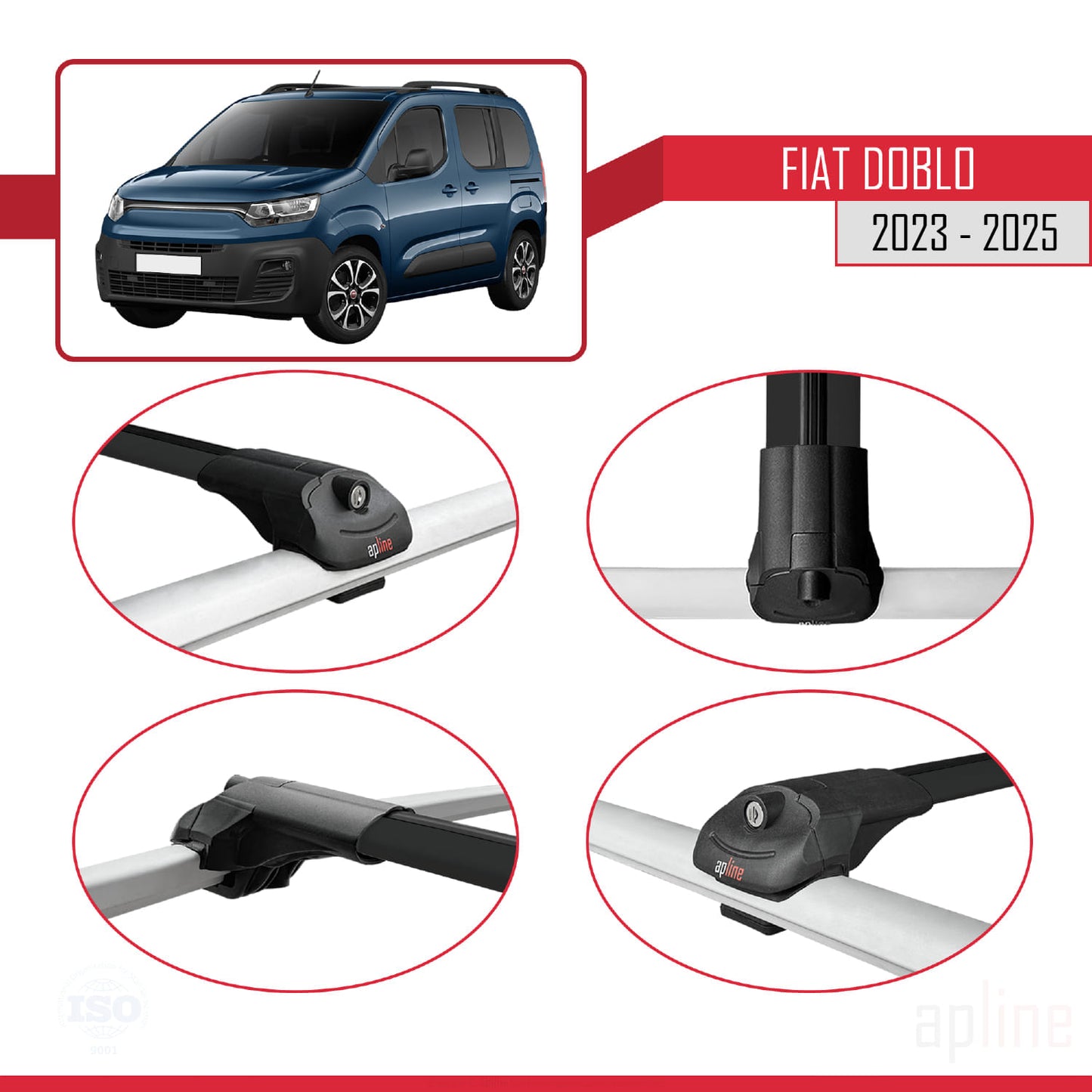 Compatible with Fiat Doblo 3 2023-2025 ACE-1 Car Roof Rack Cross Bar Black Aluminium 4 Bars