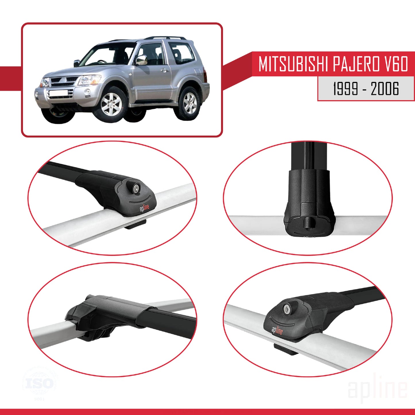 Compatible with Mitsubishi Pajero (V60) 3 Kapı 1999-2006 ACE-1 Car Roof Rack Cross Bar Black Aluminium 3 Bars