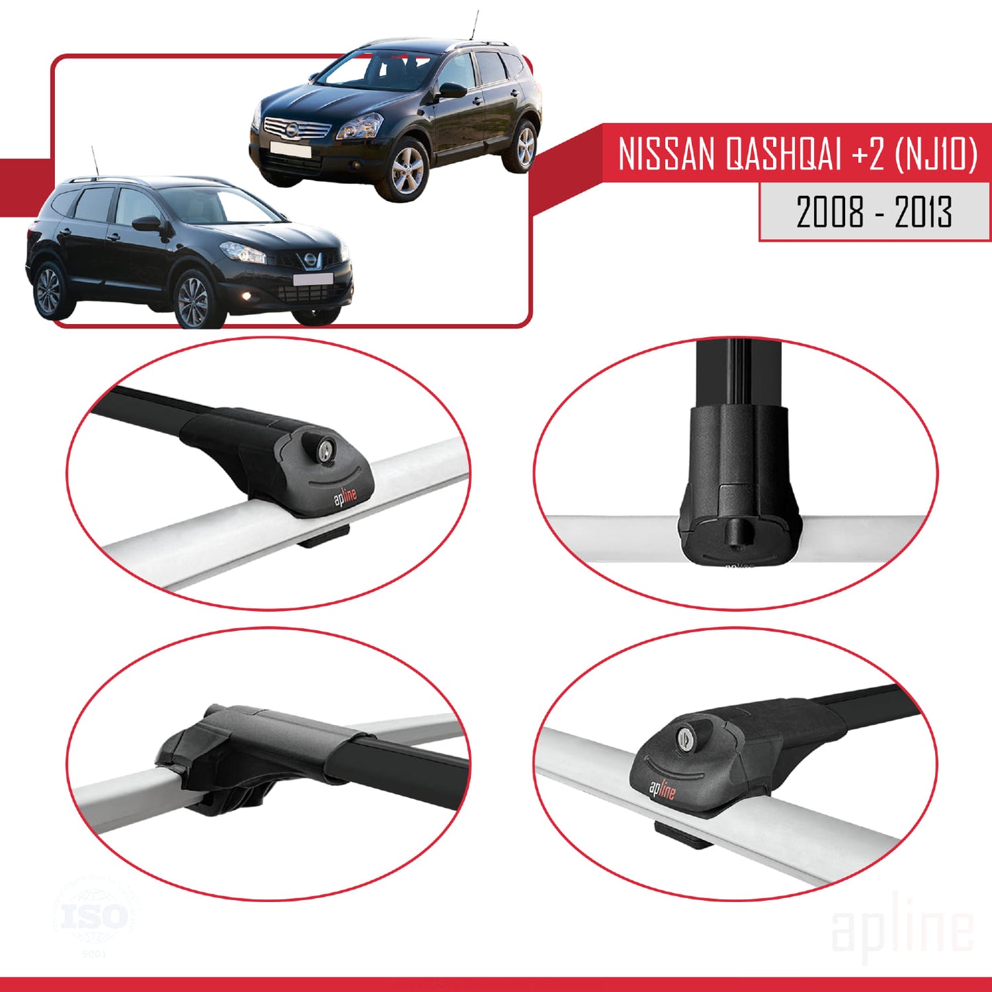 Compatible with Nissan Qashqai +2 (NJ10) 2008-2013 ACE-1 Car Roof Rack Cross Bar Black Aluminium 3 Bars