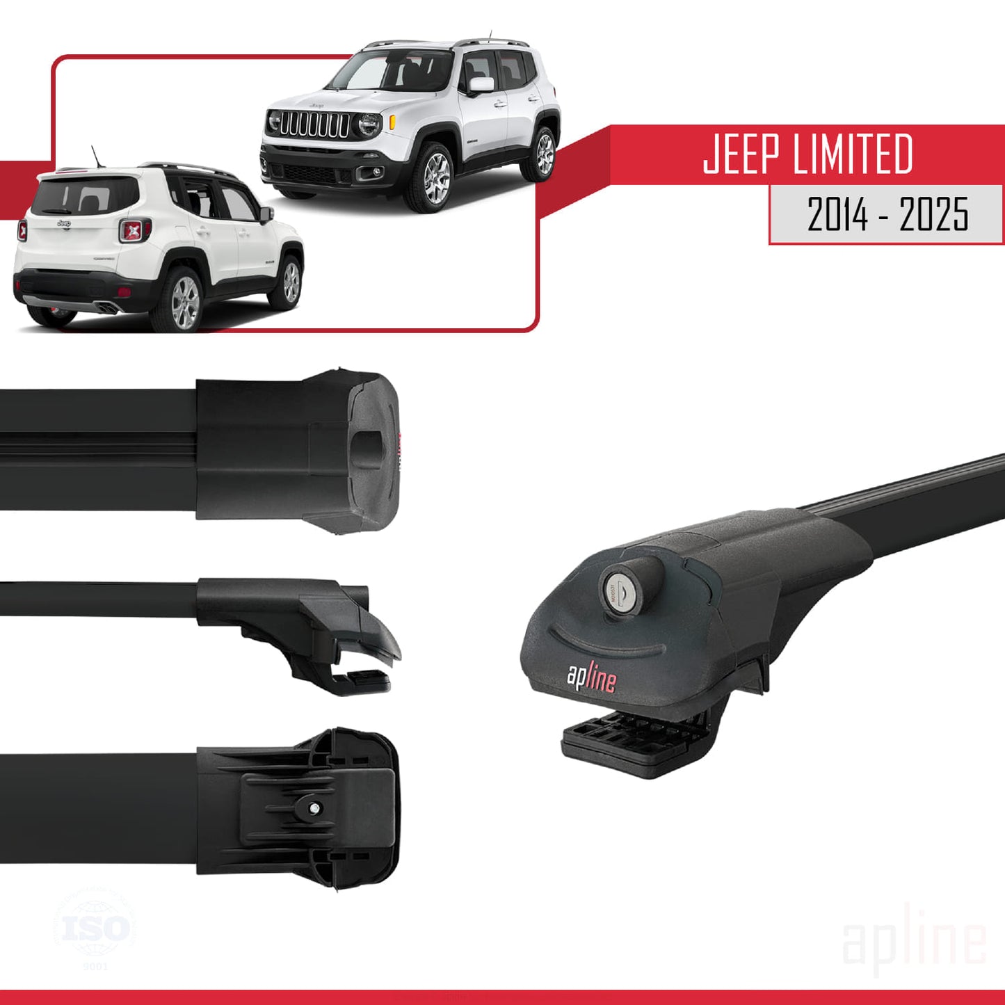 Compatible with Jeep Limited 2014-2025 ACE-1 Car Roof Rack Cross Bar Black Aluminium 3 Bars
