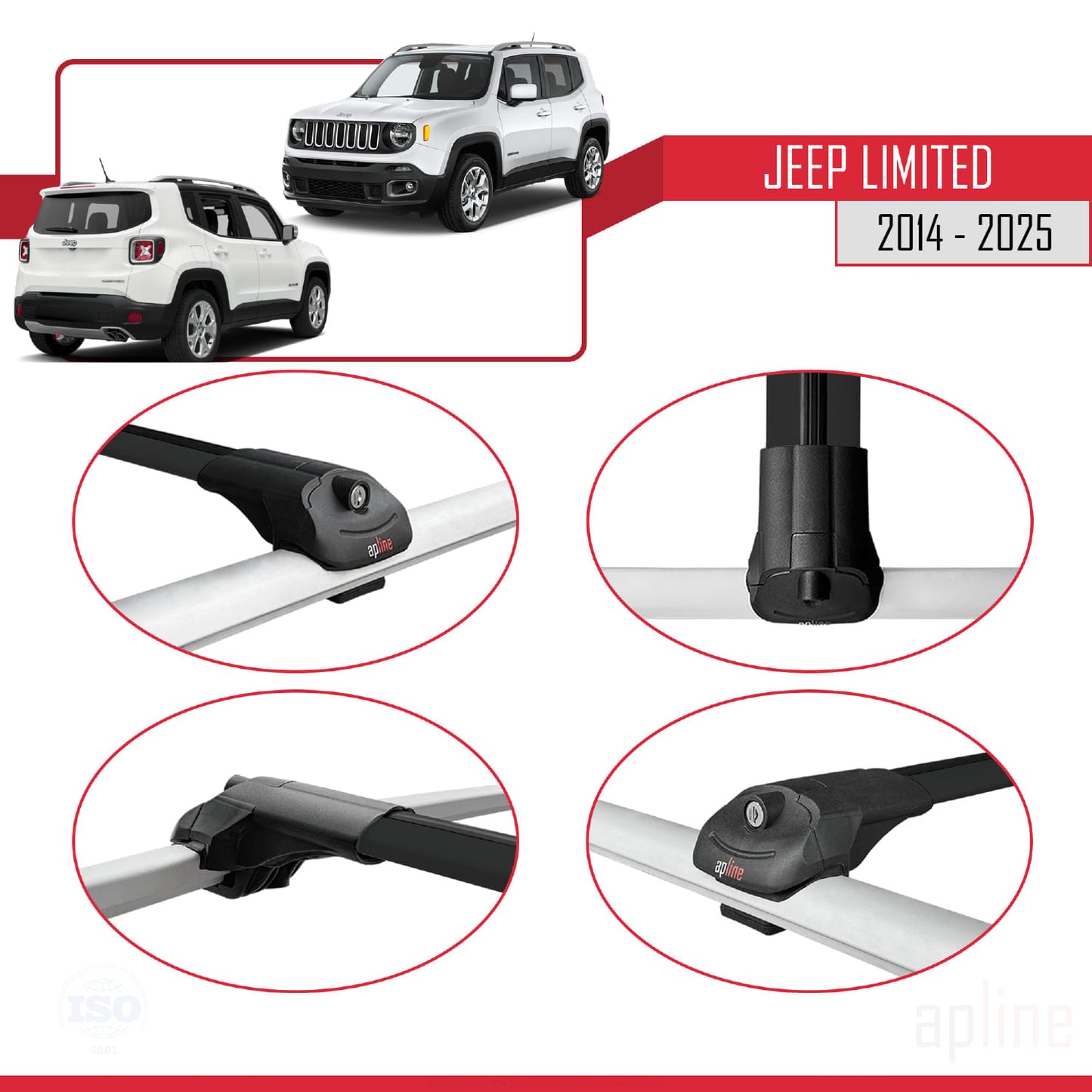 Compatible with Jeep Limited 2014-2025 ACE-1 Car Roof Rack Cross Bar Black Aluminium 2 Bars