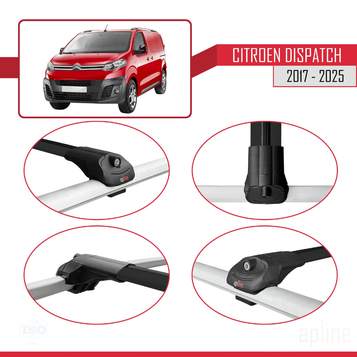 Compatible with Citroen Dispatch (K0) 2017-2025 ACE-1 Car Roof Rack Cross Bar Black Aluminium 3 Bars