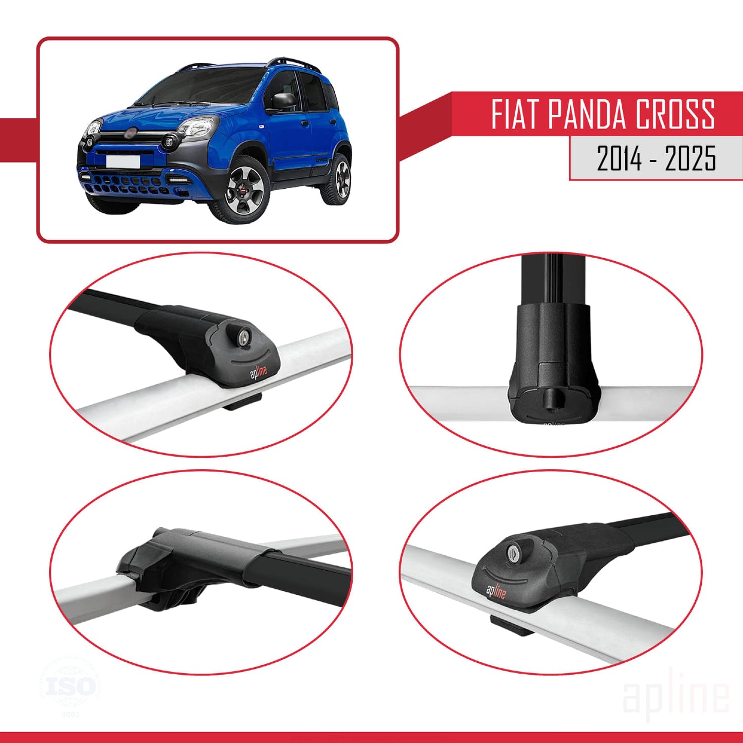 Compatible with Fiat Panda Cross 2014-2025 ACE-1 Car Roof Rack Cross Bar Black Aluminium 3 Bars