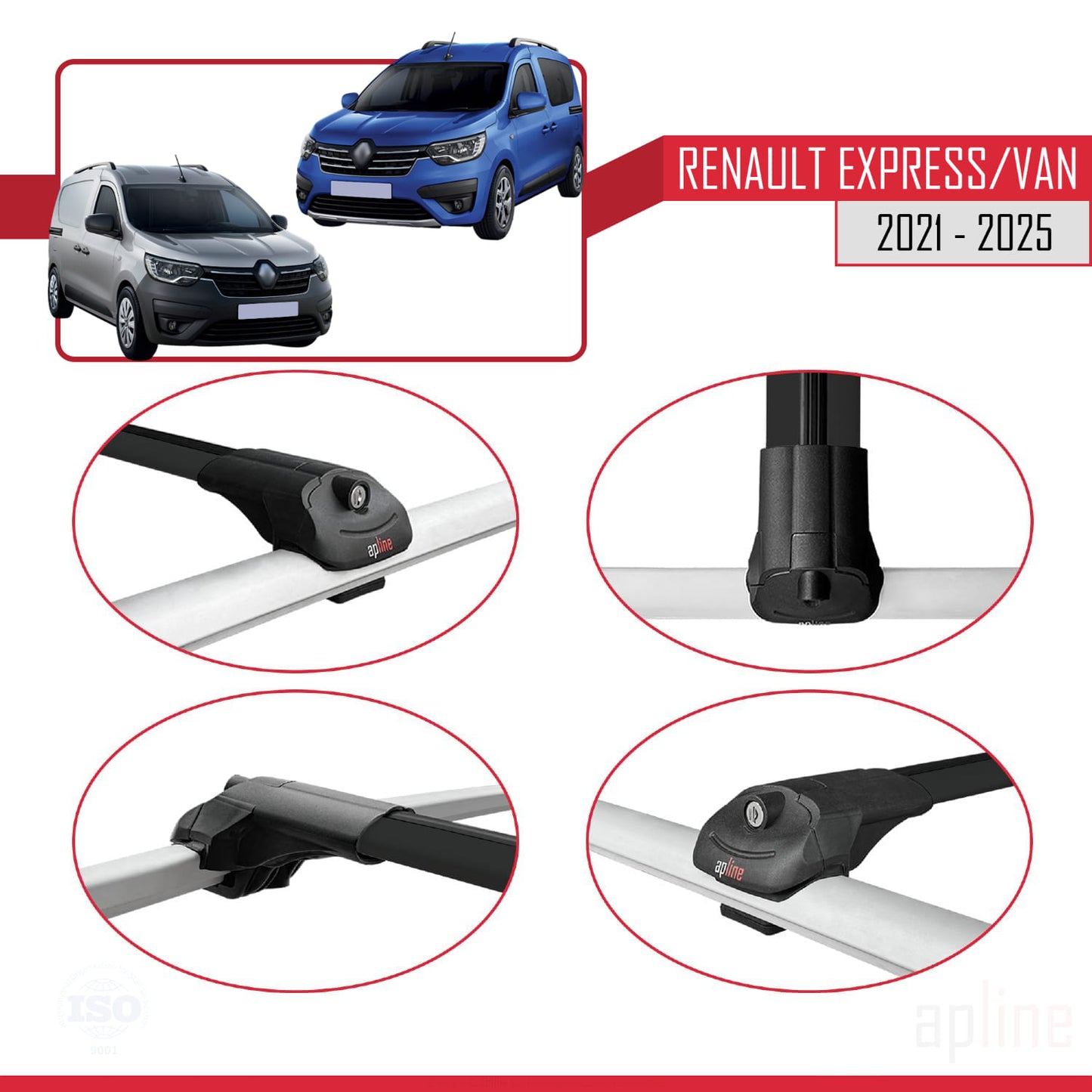 Compatible with Renault Express 2021-2025 ACE-1 Car Roof Rack Cross Bar Black Aluminium 3 Bars