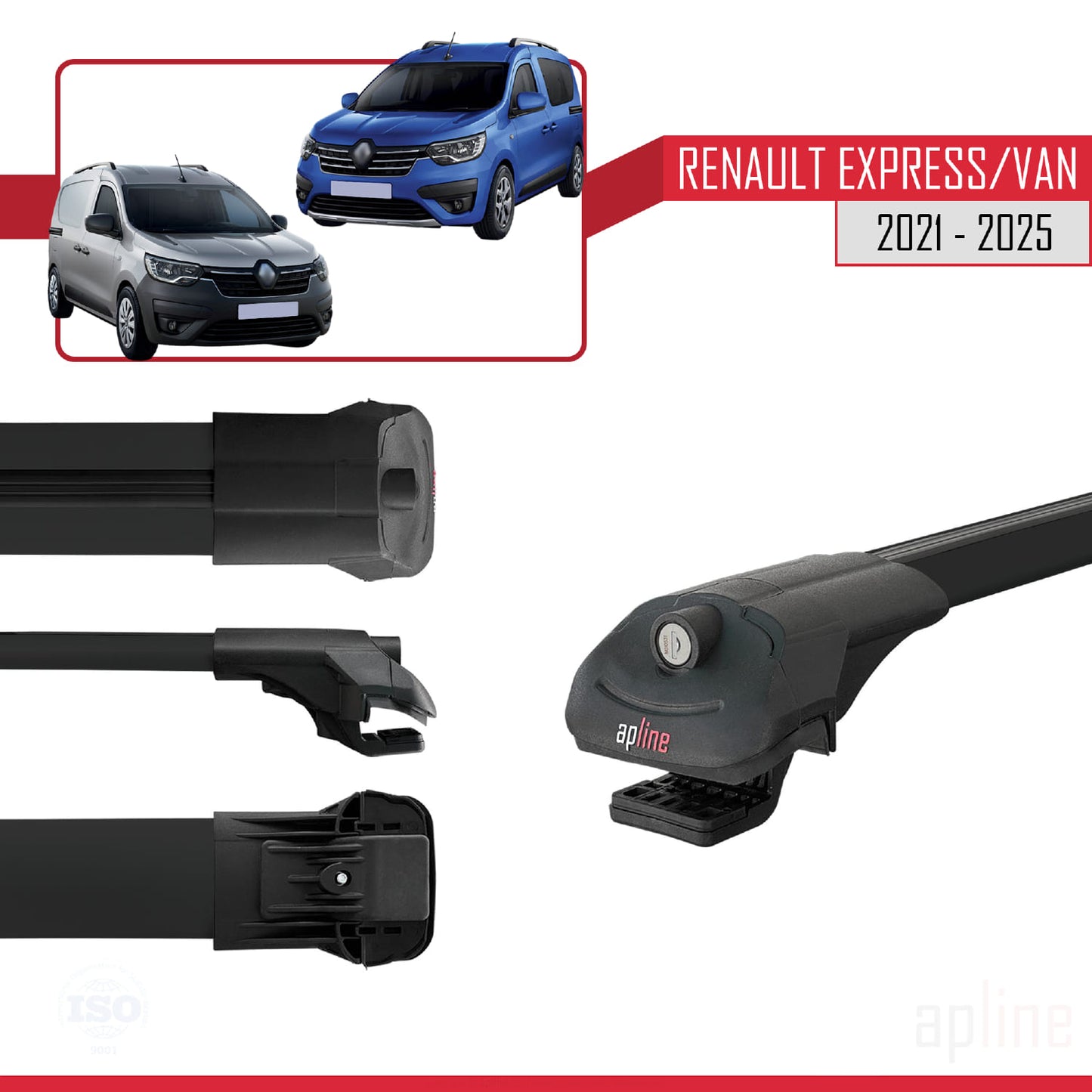 Compatible with Renault Express 2021-2025 ACE-1 Car Roof Rack Cross Bar Black Aluminium 4 Bars