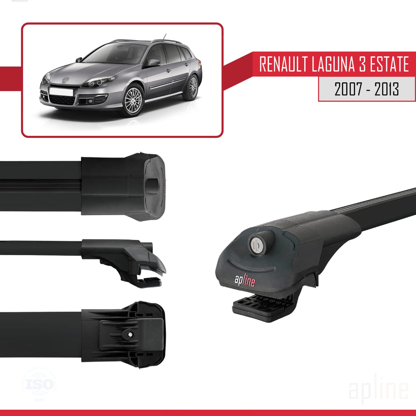 Compatible with Renault Laguna 3 Estate 2007-2013 ACE-1 Car Roof Rack Cross Bar Black Aluminium 3 Bars