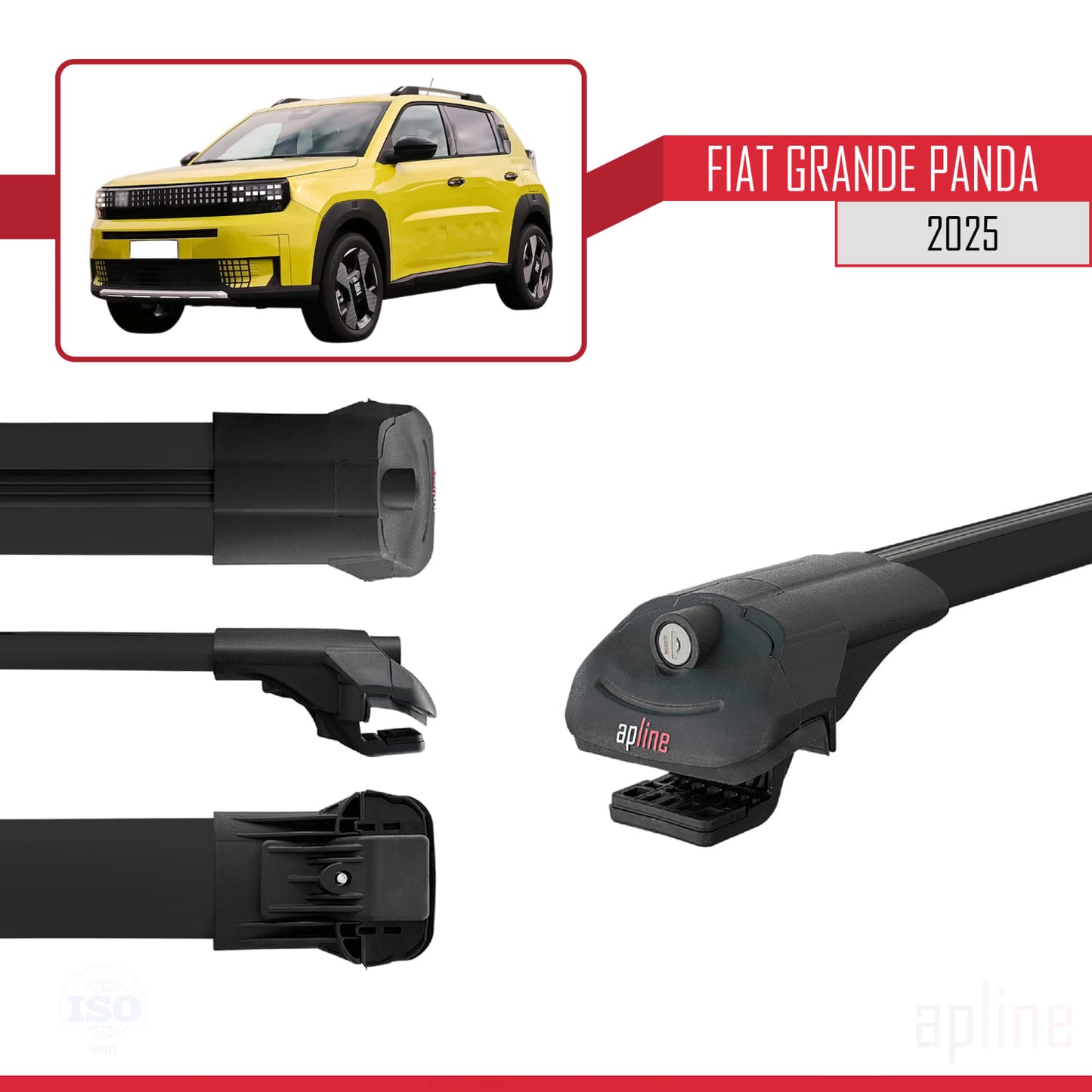 Compatible withFiat Grande Panda 2025 ACE-1 Car Roof Rack Cross Bar Black Aluminium 3 Bars
