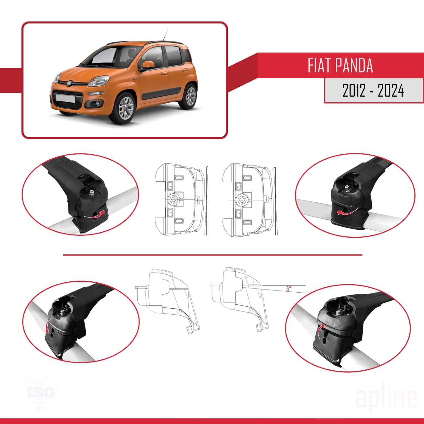 Compatible with Fiat Panda 3 (319) 2012-2024 ACE-2 Car Roof Rack Cross Bar Black Aluminium 2 Bars