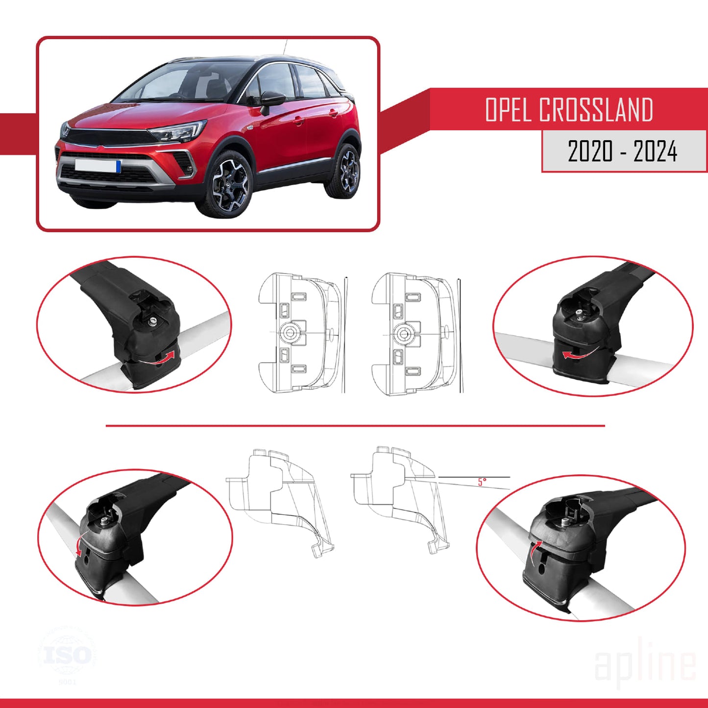 Compatible with Opel Crossland 2020-2024 ACE-2 Car Roof Rack Cross Bar Black Aluminium 2 Bars