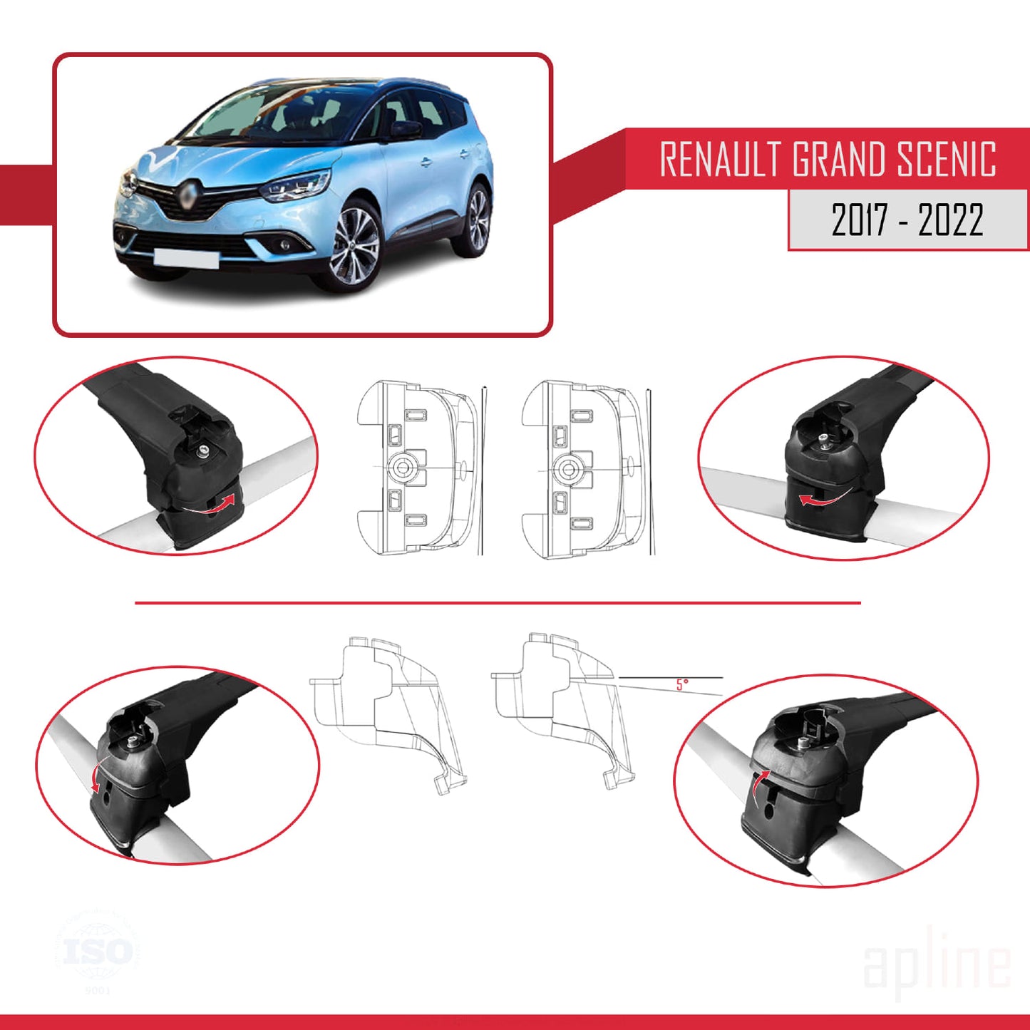 Compatible with Renault Grand Scenic 4 2017-2022 ACE-2 Car Roof Rack Cross Bar Black Aluminium 2 Bars