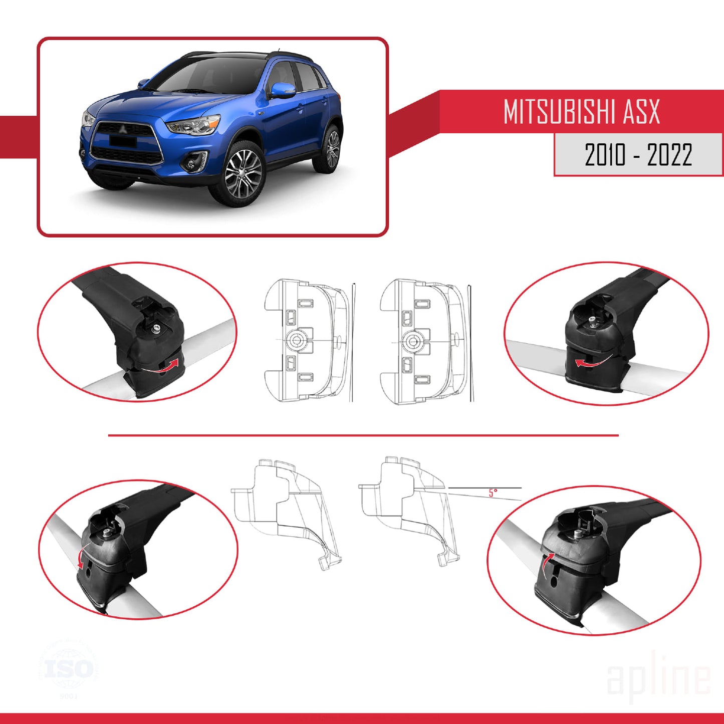 Compatible with Mitsubishi ASX (GA) 2010-2022 ACE-2 Car Roof Rack Cross Bar Black Aluminium 2 Bars