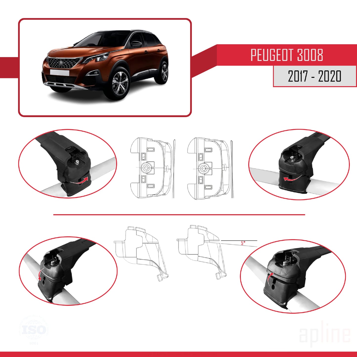 Compatible with Peugeot 3008 II (P84) Pre-Facelift 2017-2020 ACE-2 Car Roof Rack Cross Bar Black Aluminium 2 Bars
