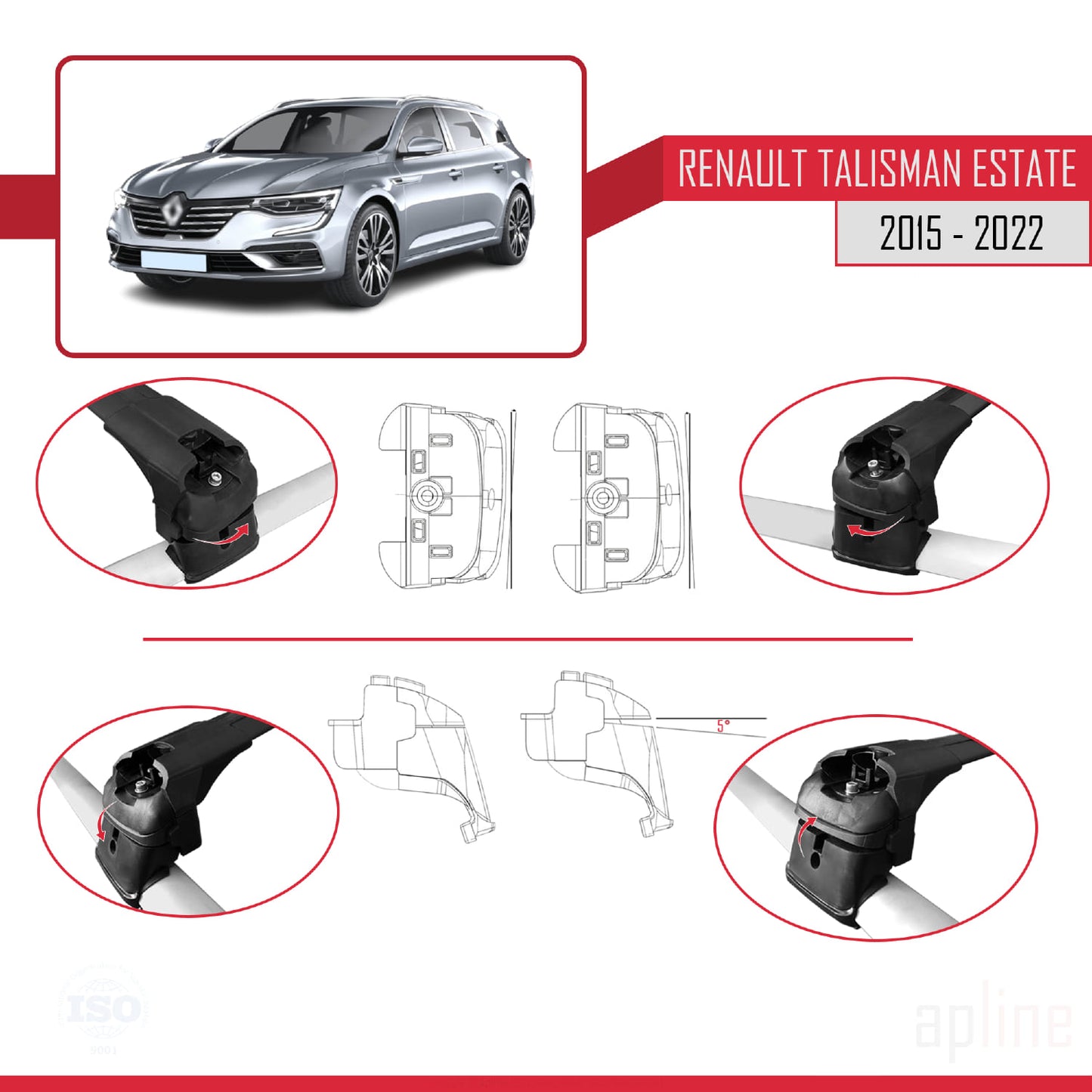 Compatible with Renault Talisman SW 2015-2022 ACE-2 Car Roof Rack Cross Bar Black Aluminium 2 Bars
