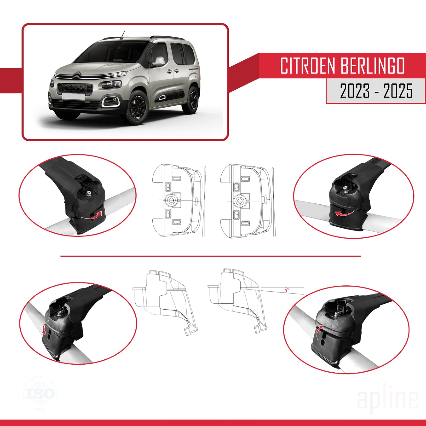 Compatible with Citroen Berlingo 3 (K9) 2023-2025 ACE-2 Car Roof Rack Cross Bar Black Aluminium 2 Bars