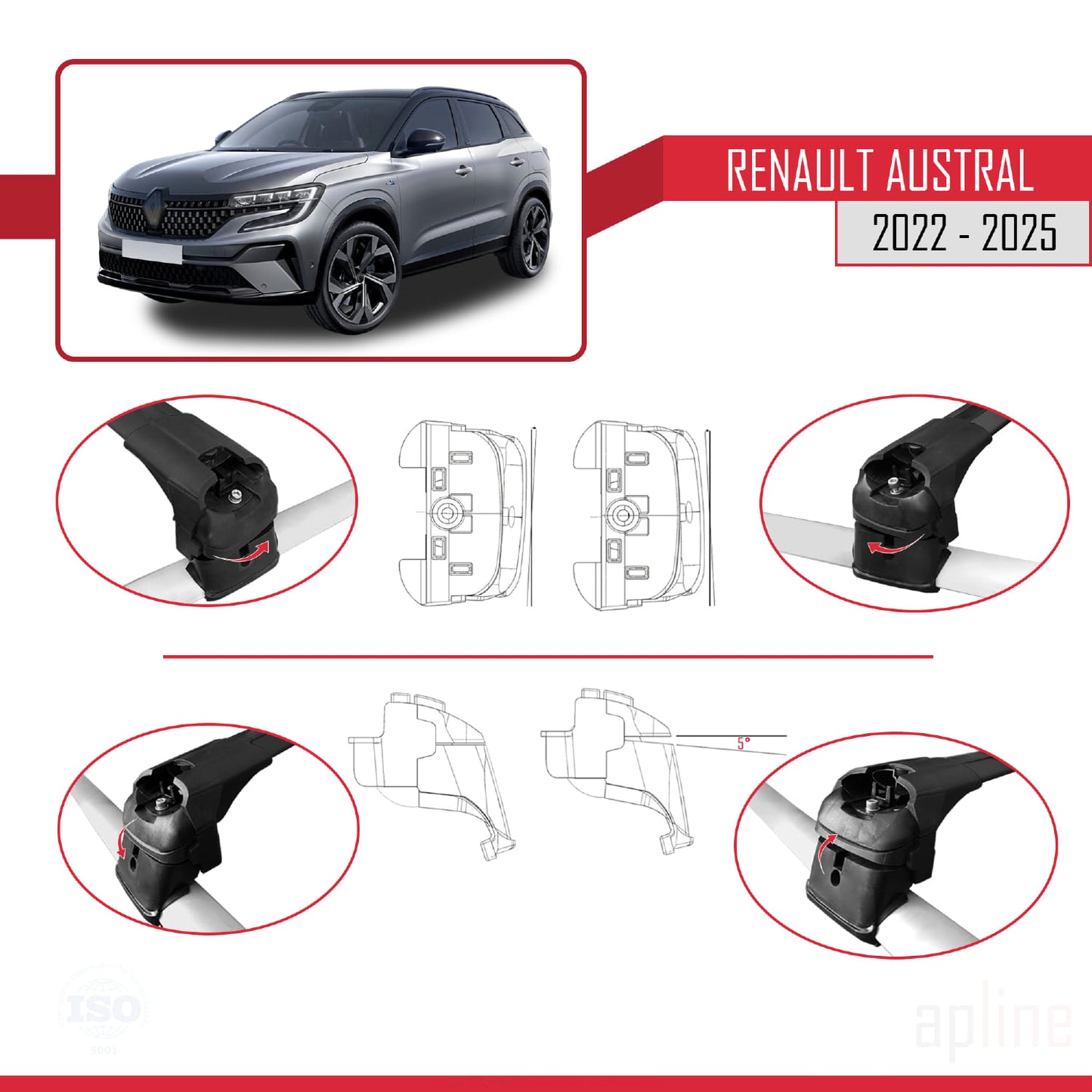 Compatible with Renault Austral (RHN) 2022-2025 ACE-2 Car Roof Rack Cross Bar Black Aluminium 2 Bars