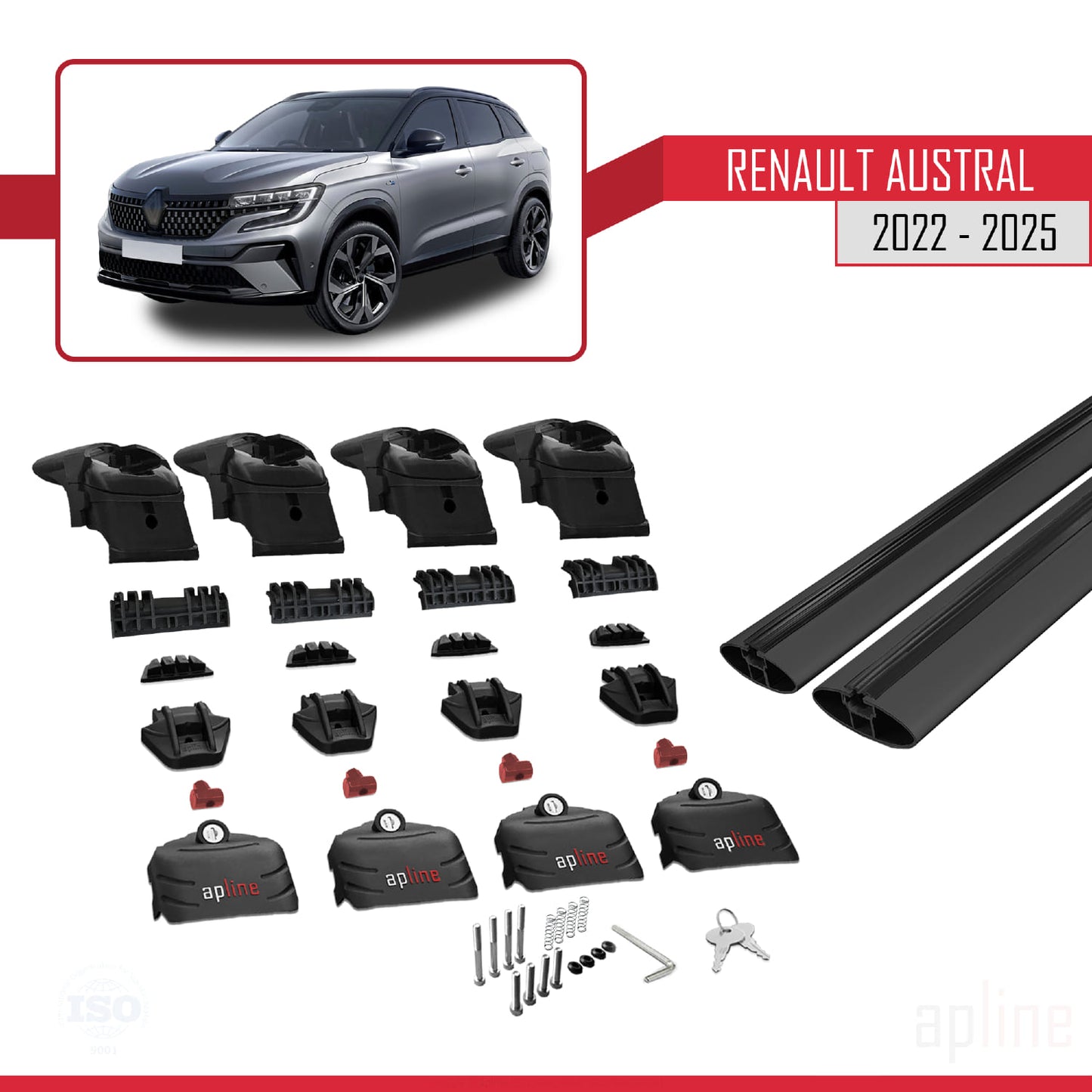 Compatible with Renault Austral (RHN) 2022-2025 ACE-2 Car Roof Rack Cross Bar Black Aluminium 2 Bars
