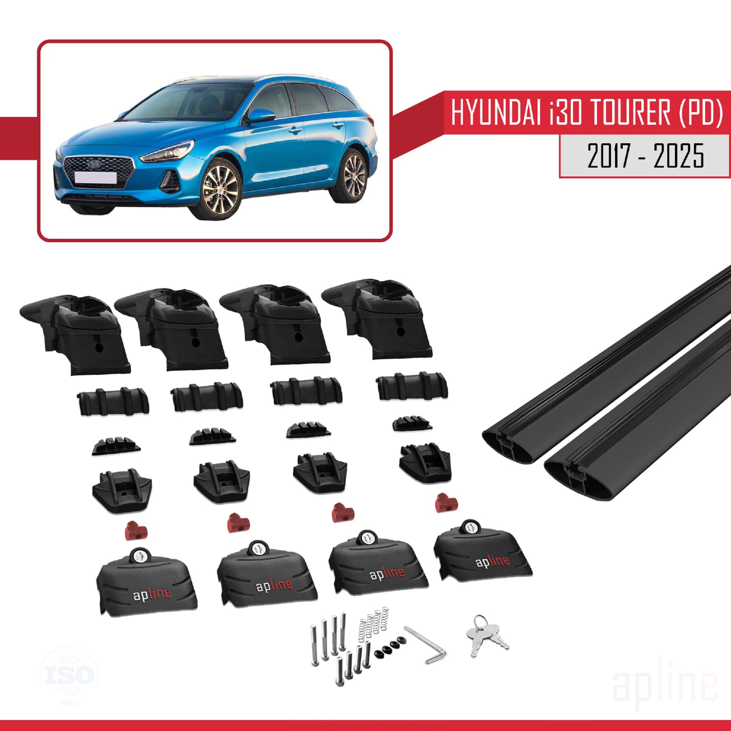 Compatible with Hyundai i30 3 (PD) Tourer 2017-2025 ACE-2 Car Roof Rack Cross Bar Black Aluminium 2 Bars