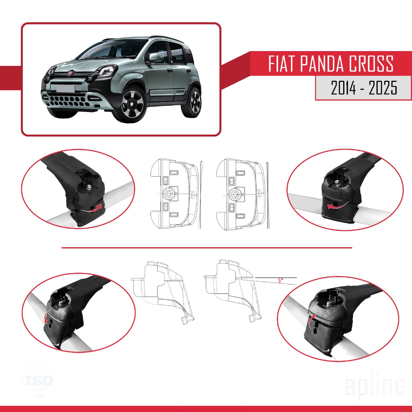 Compatible with Fiat Panda Cross 2014-2025 ACE-2 Car Roof Rack Cross Bar Black Aluminium 2 Bars