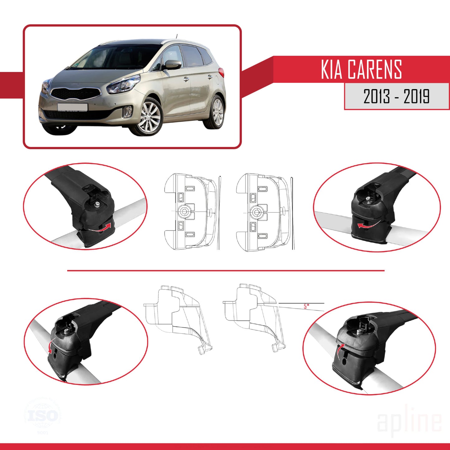 Compatible with Kia Carens 2013-2019 ACE-2 Car Roof Rack Cross Bar Black Aluminium 2 Bars