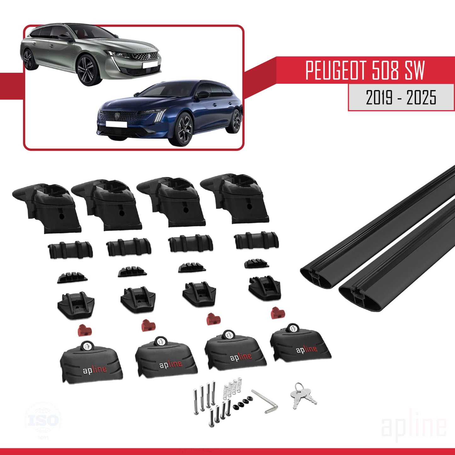 Compatible with Peugeot 508 SW 2019-2025 ACE-2 Car Roof Rack Cross Bar Black Aluminium 2 Bars