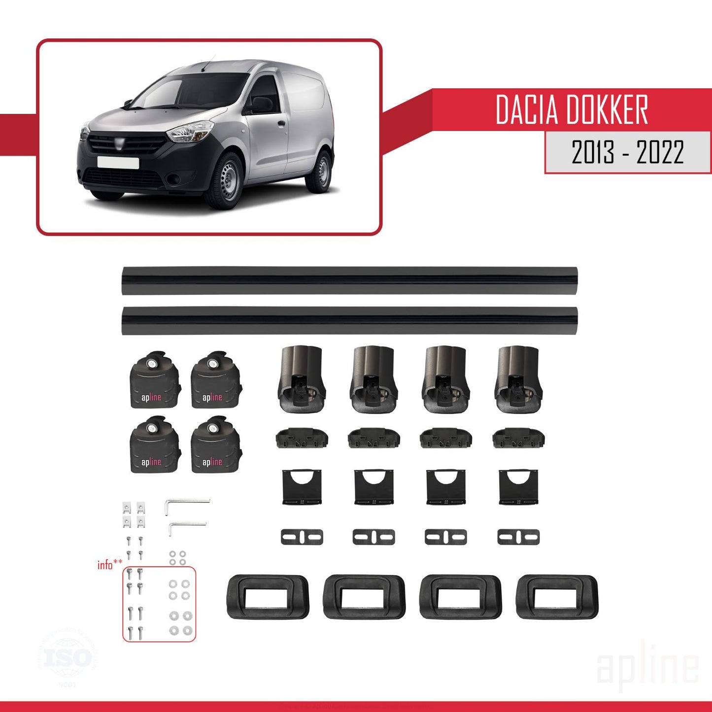 Compatible with Dacia Dokker 2013-2022 ACE-3 Car Roof Rack Cross Bar Black Aluminium 2 Bars