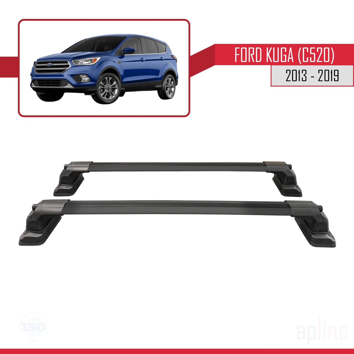 Compatible with Ford Kuga (C520) 2013-2019 ACE-3 Car Roof Rack Cross Bar Black Aluminium 2 Bars