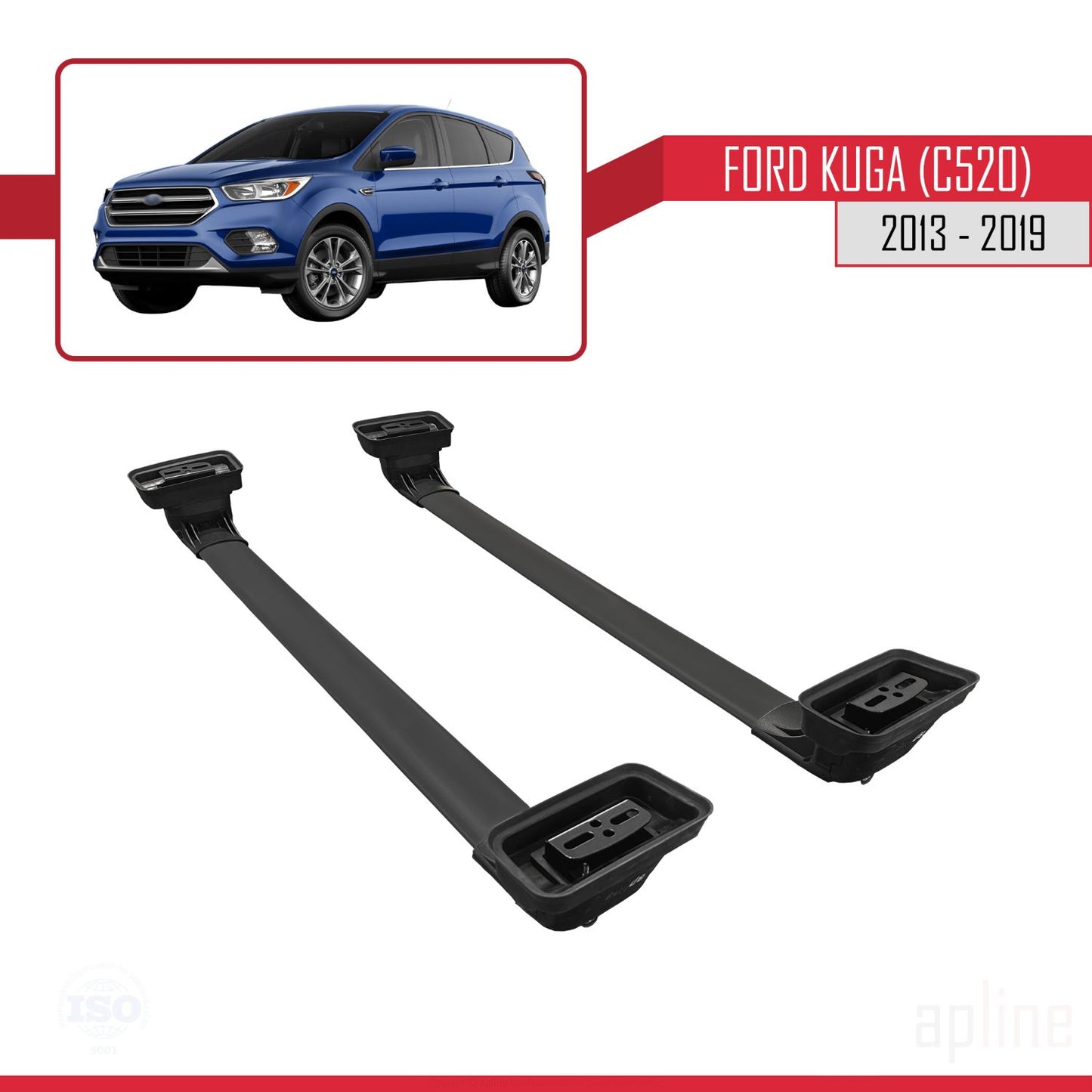 Compatible with Ford Kuga (C520) 2013-2019 ACE-3 Car Roof Rack Cross Bar Black Aluminium 2 Bars