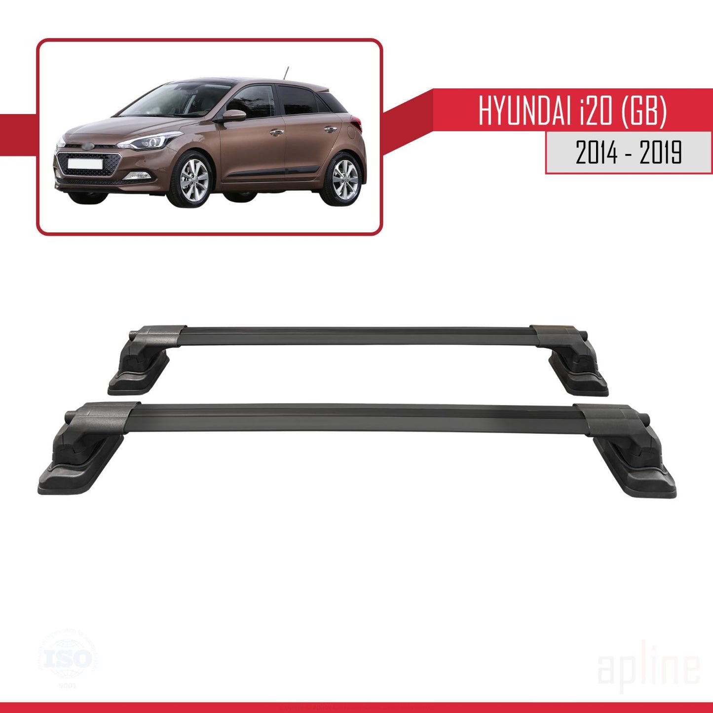 Compatible with Hyundai i20 (GB) 2014-2019 ACE-3 Car Roof Rack Cross Bar Black Aluminium 2 Bars