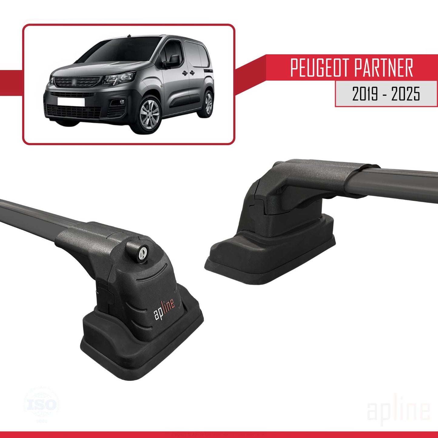 Compatible with Peugeot Partner 2019-2025 ACE-3 Car Roof Rack Cross Bar Black Aluminium 2 Bars