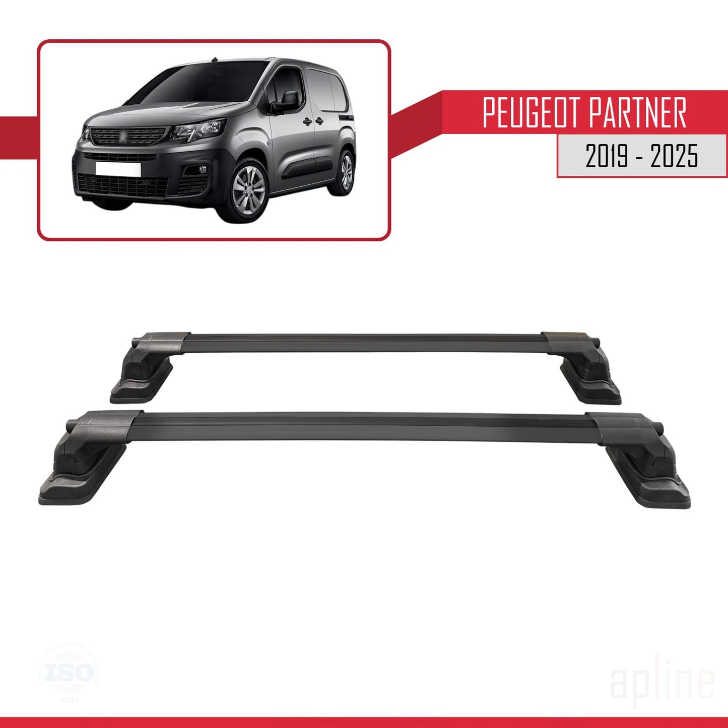 Compatible with Peugeot Partner 2019-2025 ACE-3 Car Roof Rack Cross Bar Black Aluminium 2 Bars