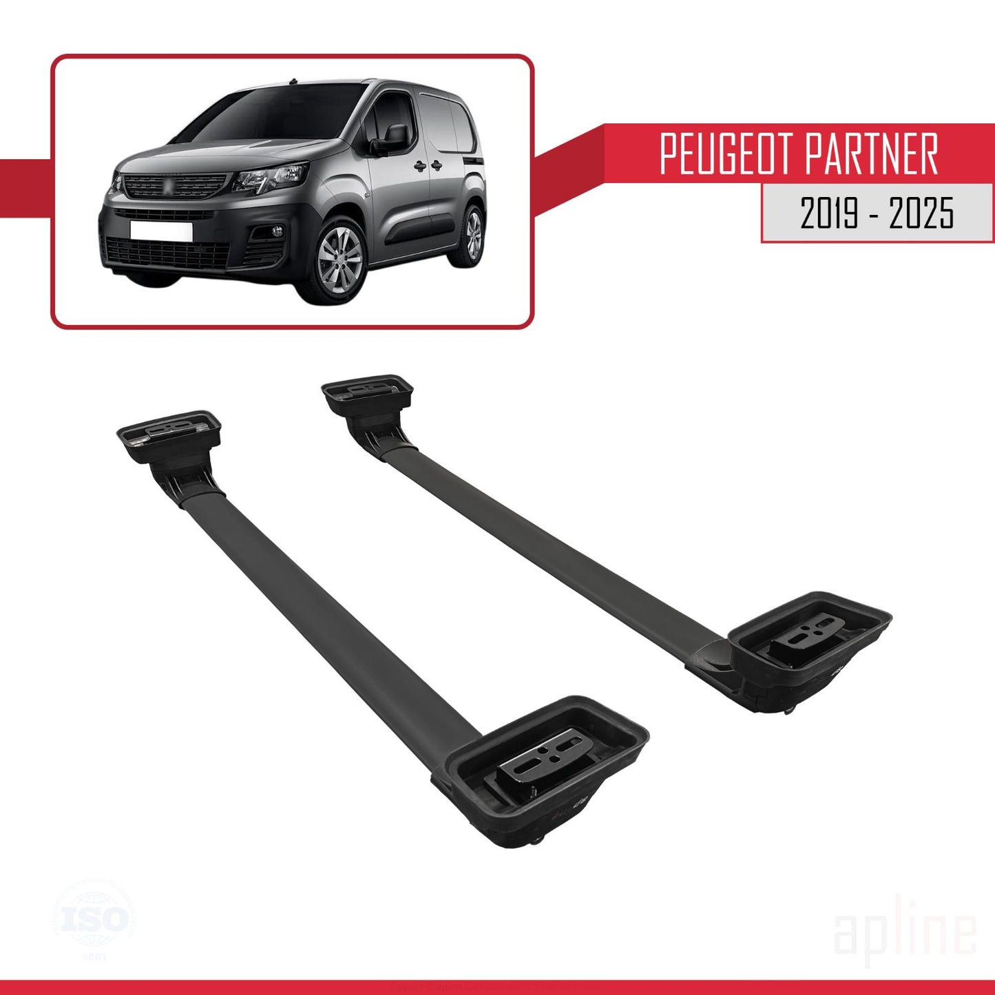 Compatible with Peugeot Partner 2019-2025 ACE-3 Car Roof Rack Cross Bar Black Aluminium 2 Bars