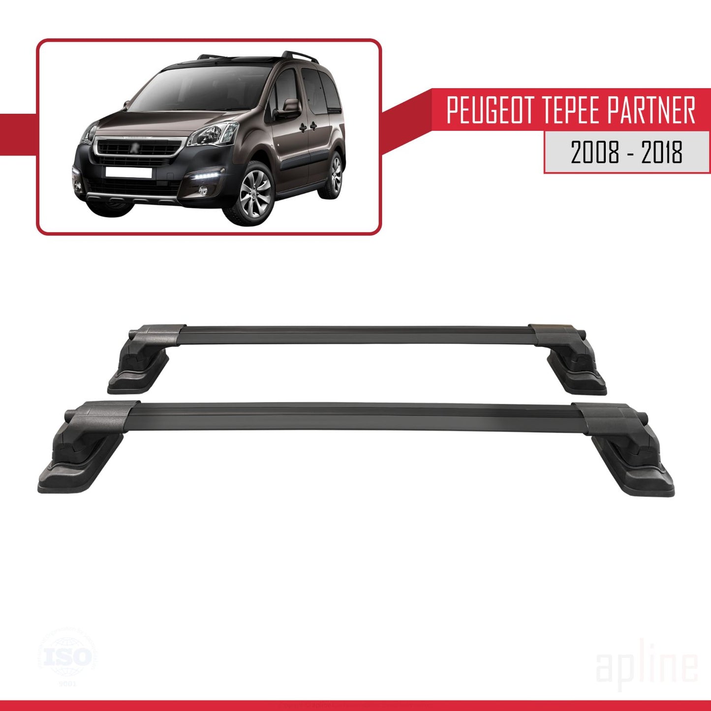 Compatible with Peugeot Partner Tepee 2008-2018 ACE-3 Car Roof Rack Cross Bar Black Aluminium 2 Bars
