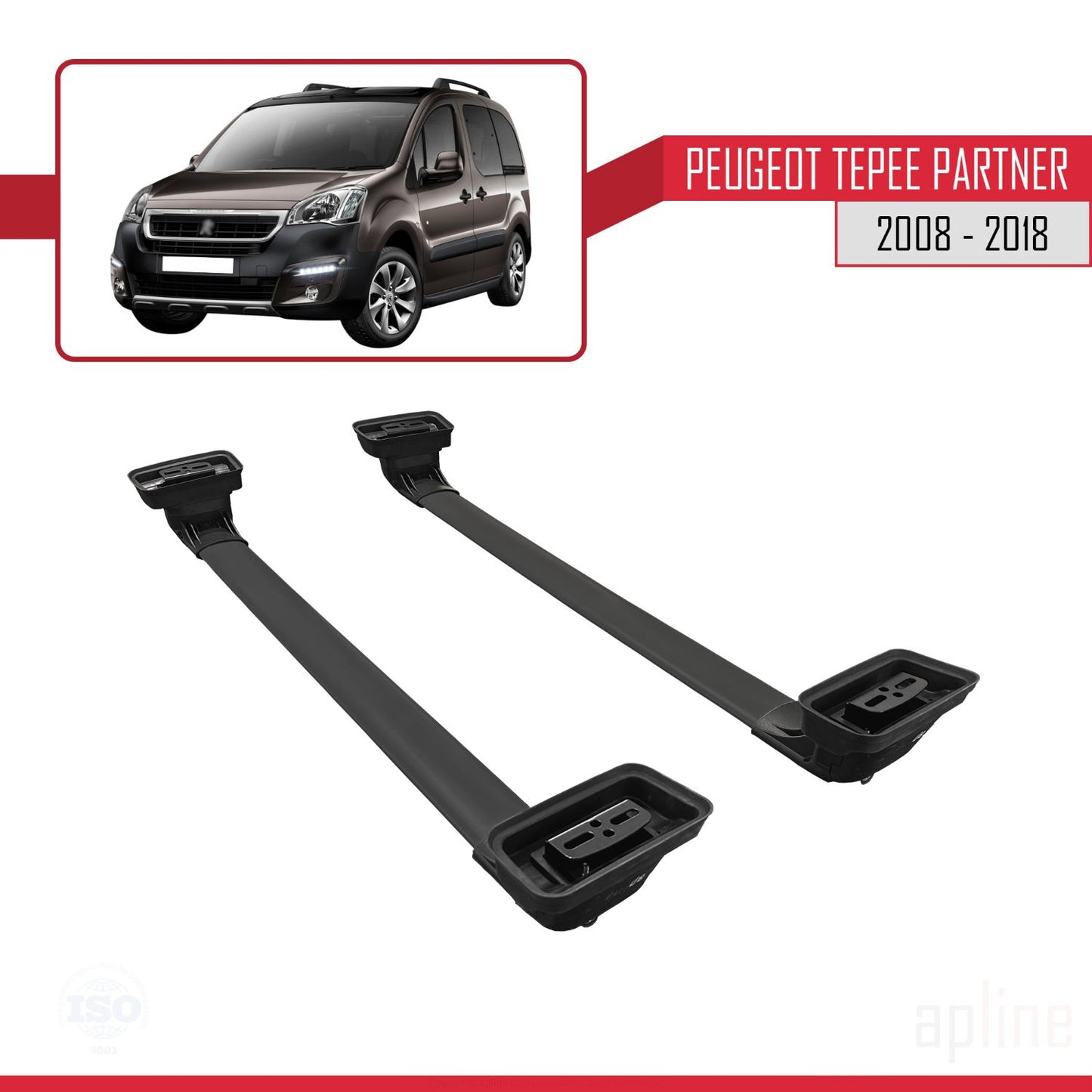 Compatible with Peugeot Partner Tepee 2008-2018 ACE-3 Car Roof Rack Cross Bar Black Aluminium 2 Bars