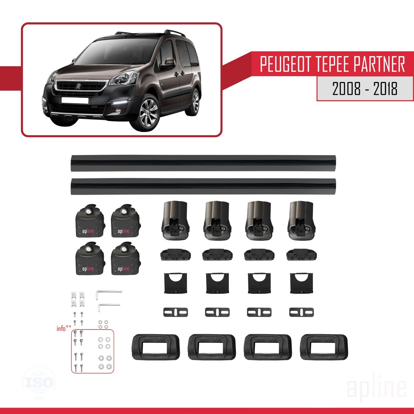 Compatible with Peugeot Partner Tepee 2008-2018 ACE-3 Car Roof Rack Cross Bar Black Aluminium 2 Bars