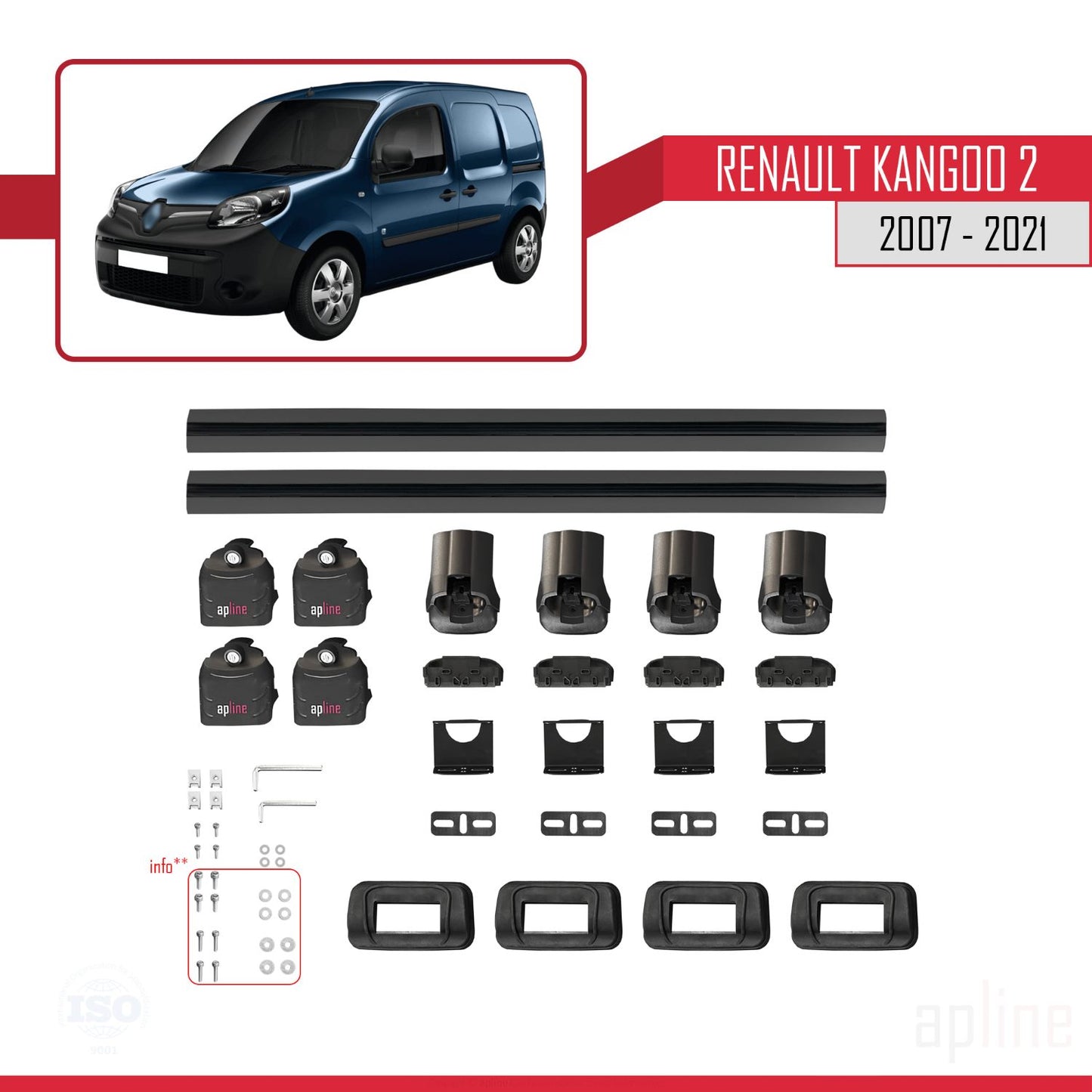 Compatible with Renault Kangoo 2 2007-2021 ACE-3 Car Roof Rack Cross Bar Black Aluminium 2 Bars