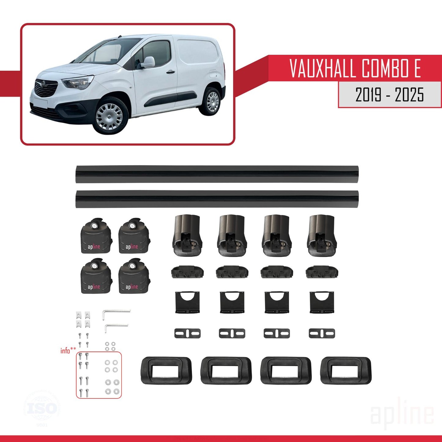 Compatible with Vauxhall Combo E 2019-2025 ACE-3 Car Roof Rack Cross Bar Black Aluminium 2 Bars