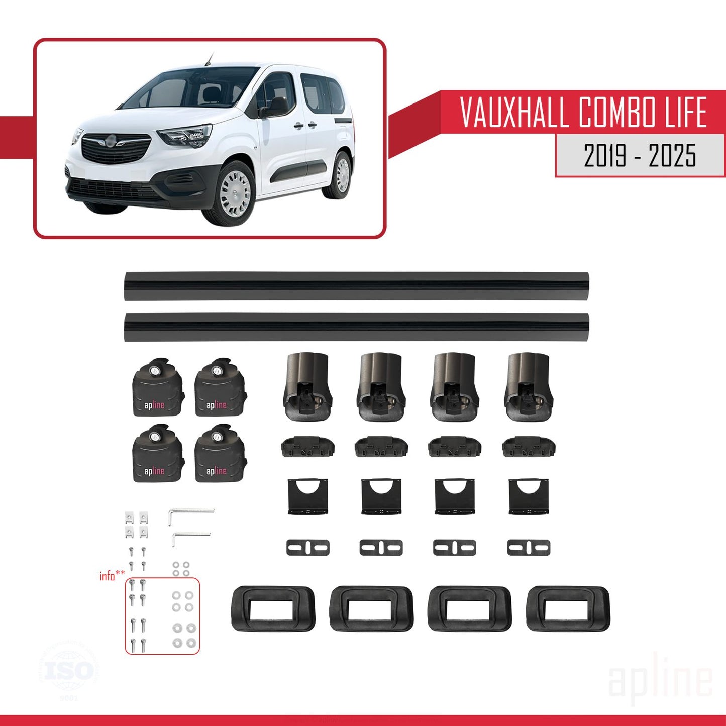 Compatible with Vauxhall Combo Life 2019-2025 ACE-3 Car Roof Rack Cross Bar Black Aluminium 2 Bars