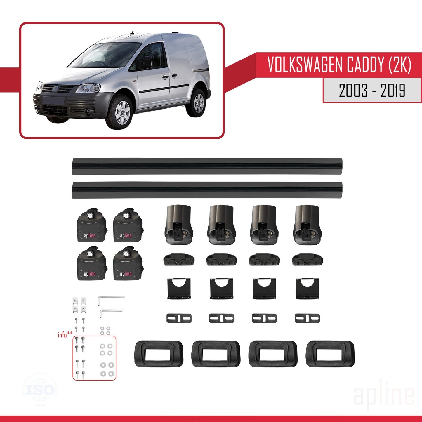Compatible with Volkswagen Caddy (2K) 2003-2019 ACE-3 Car Roof Rack Cross Bar Black Aluminium 2 Bars