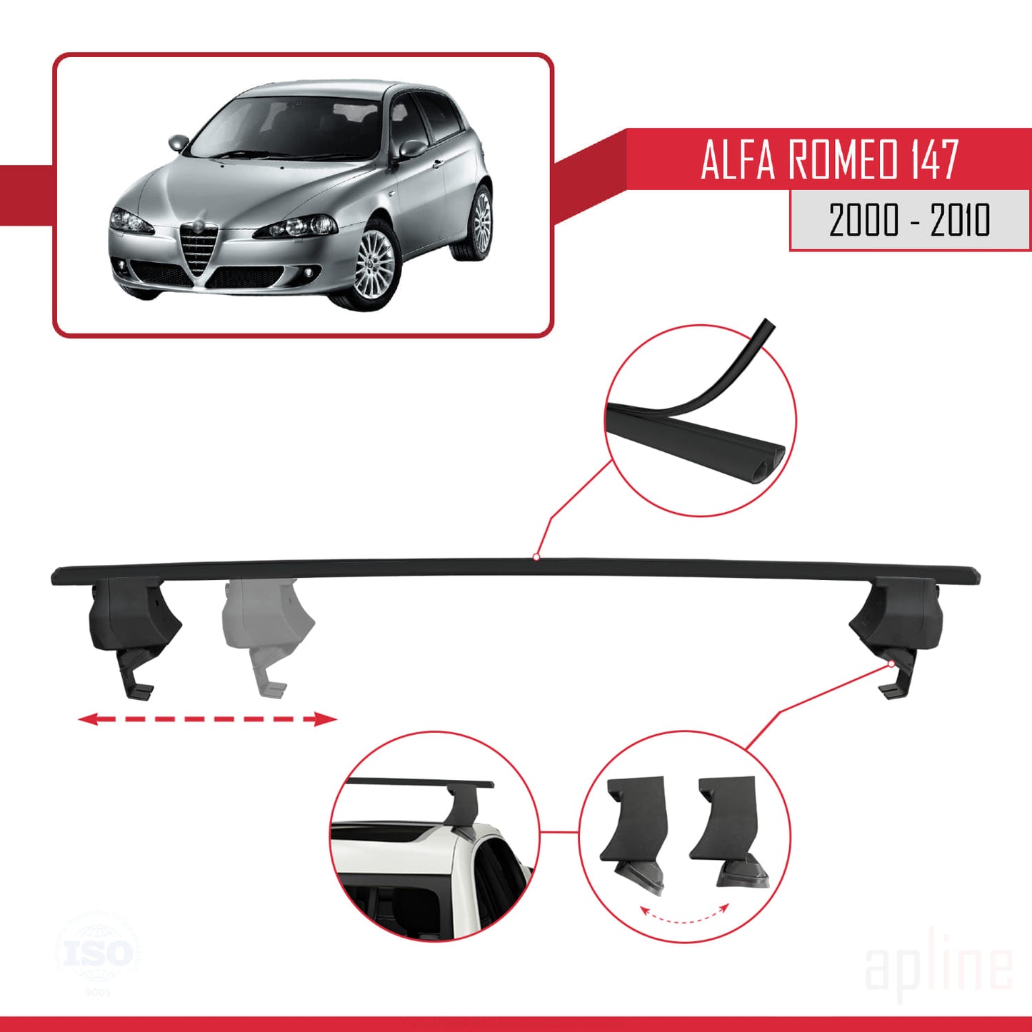 Compatible with Alfa Romeo 147 (T937) 2000-2010 ACE-4 Car Roof Rack Cross Bar Black Aluminium 2 Bars