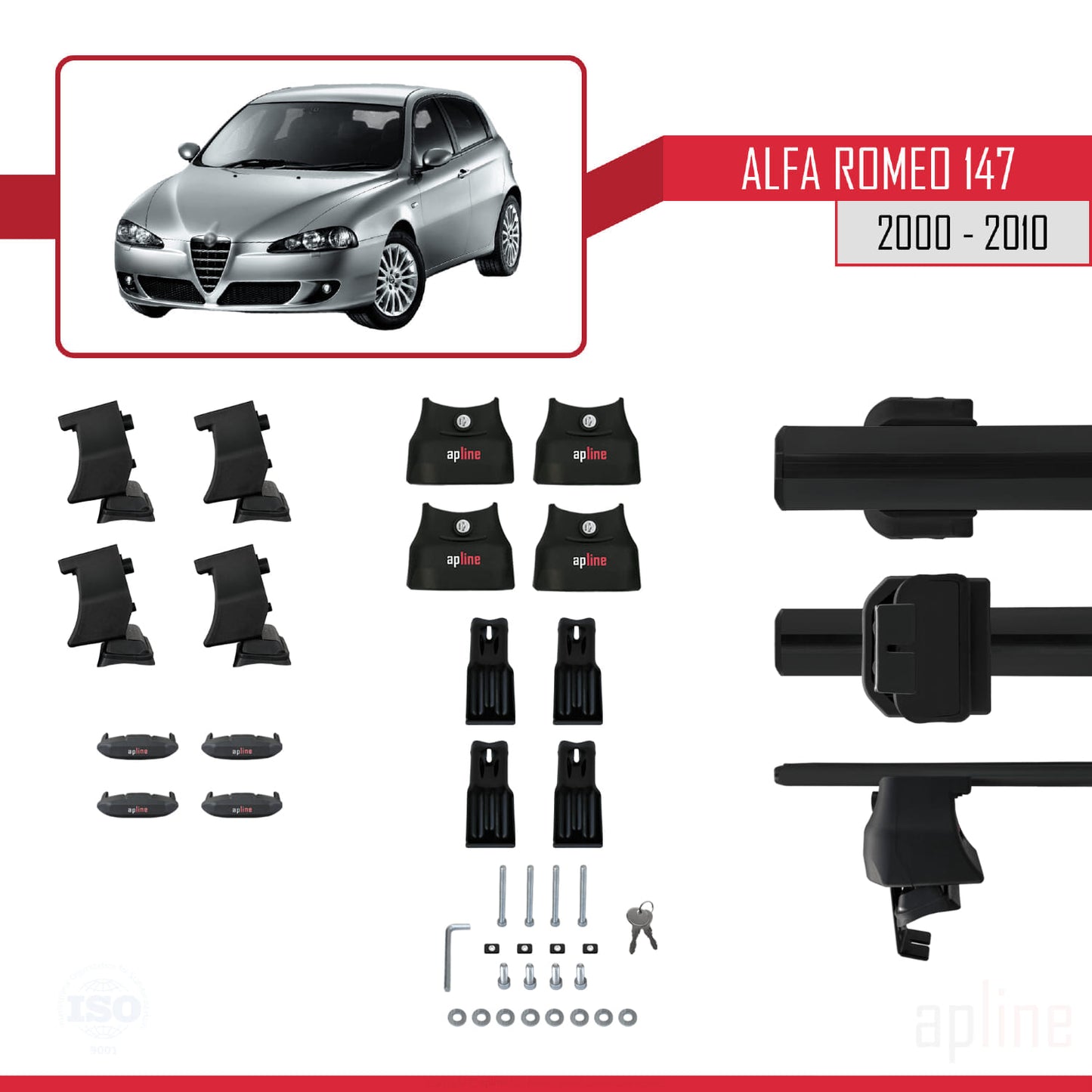 Compatible with Alfa Romeo 147 (T937) 2000-2010 ACE-4 Car Roof Rack Cross Bar Black Aluminium 2 Bars