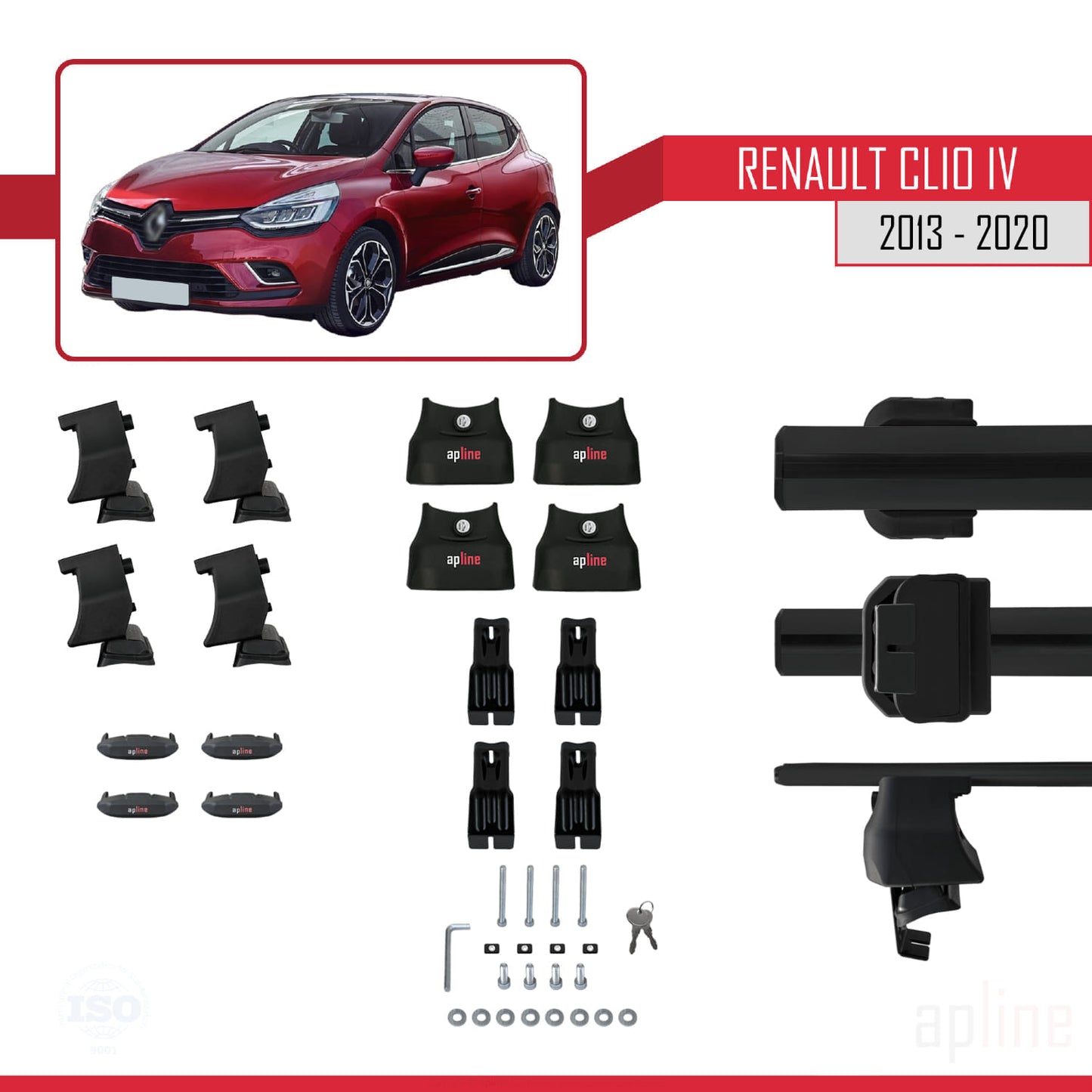 Compatible with Renault Clio 4 2013-2020 ACE-4 Car Roof Rack Cross Bar Black Aluminium 2 Bars