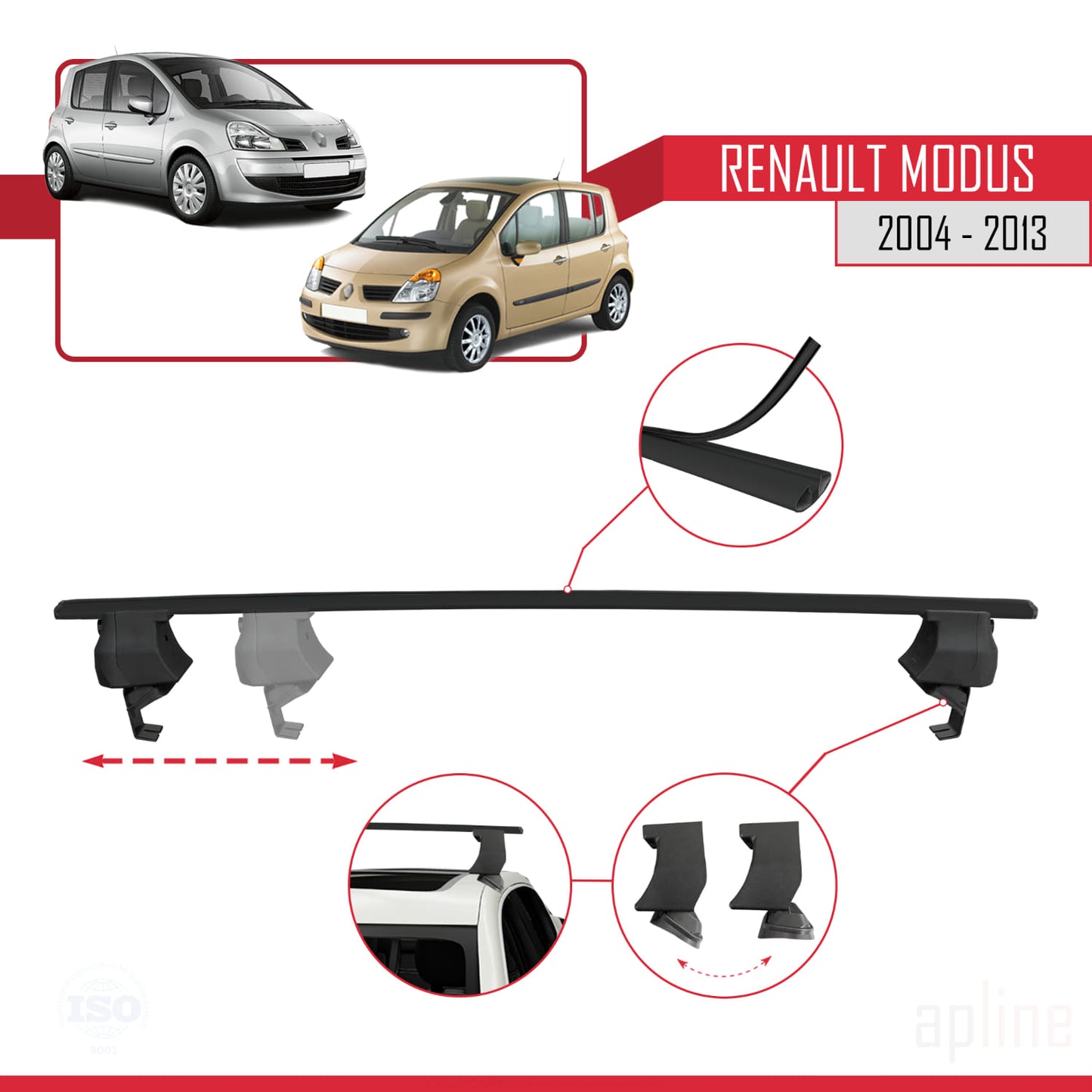 Compatible with Renault Modus 2004-2013 ACE-4 Car Roof Rack Cross Bar Black Aluminium 2 Bars
