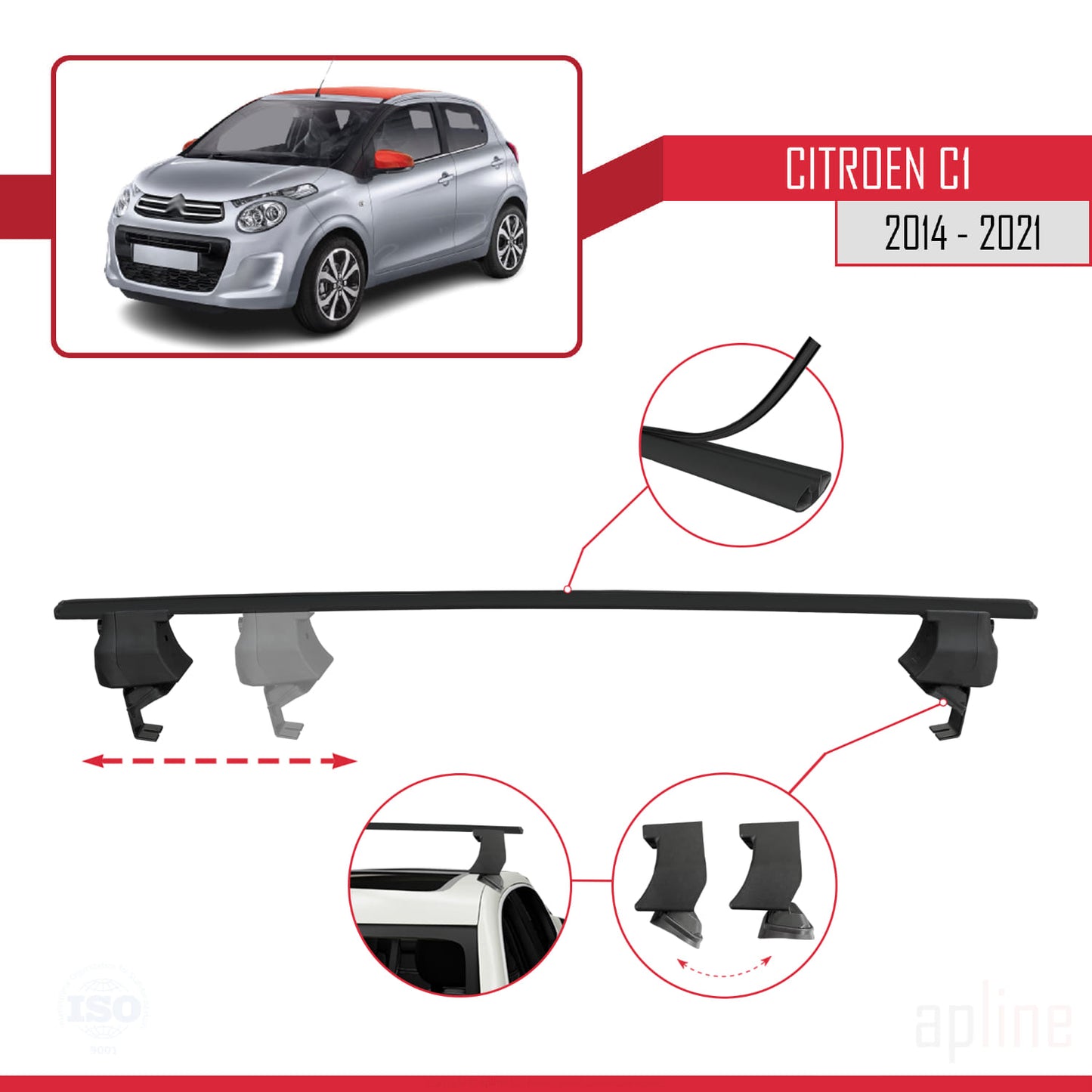 Compatible with Citroen C1 (AB40) 2014-2021 ACE-4 Car Roof Rack Cross Bar Black Aluminium 2 Bars