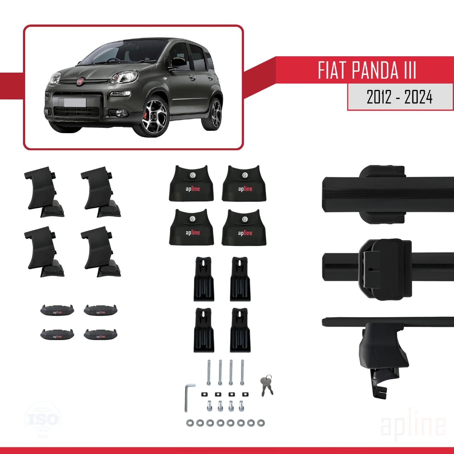Compatible with Fiat Panda 3 (319) 2012-2024 ACE-4 Car Roof Rack Cross Bar Black Aluminium 2 Bars